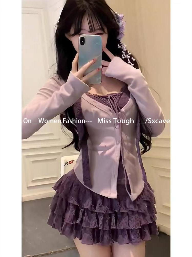 2026 New Women Birthday Rave Korean Fashion Gyaru  Coquette Outfits 2 Piece Set Fake Two Pieces Top + Mini Ruffle Skirts Chic