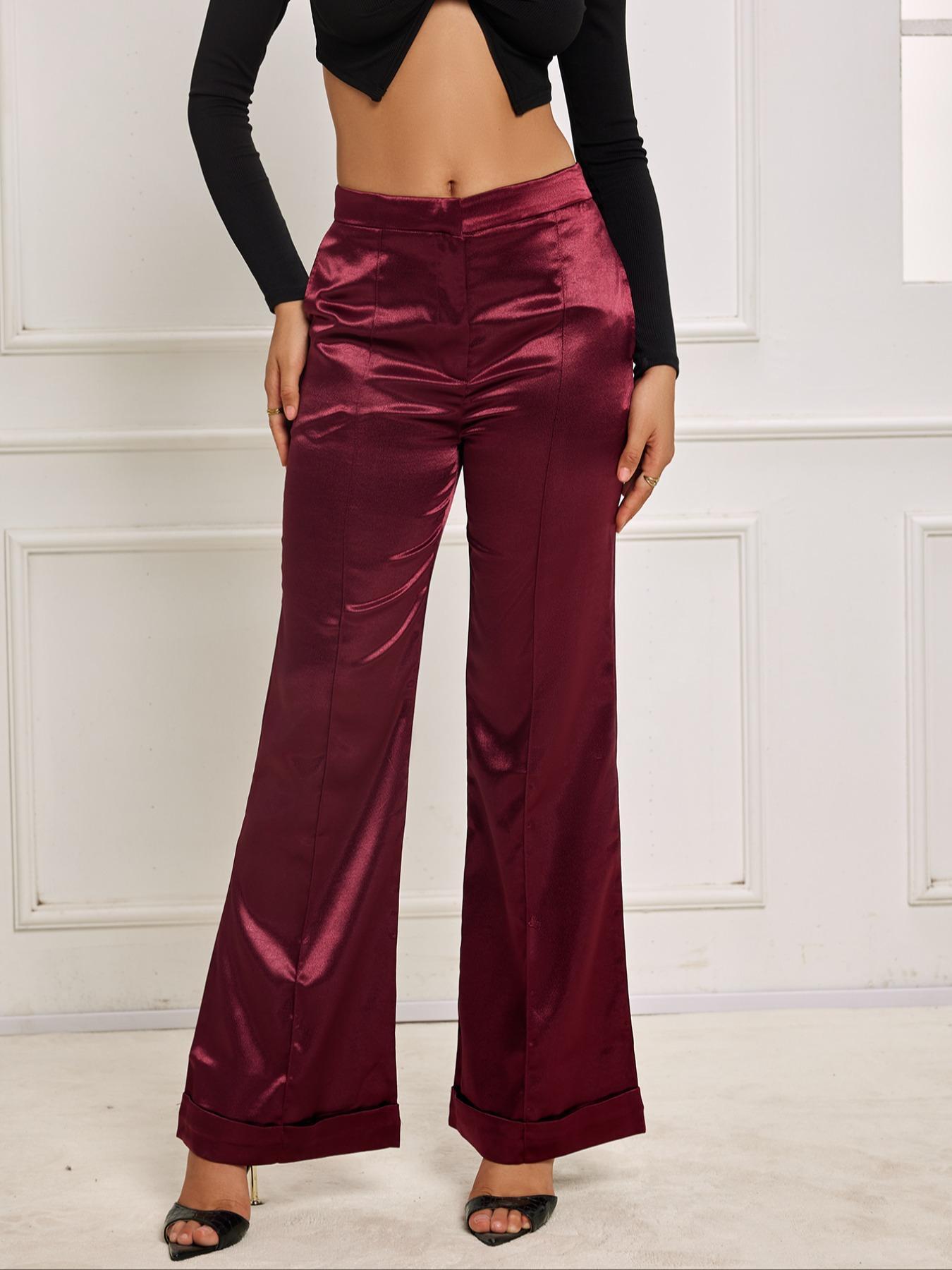 Women's Plain High Waist Flare Leg Basic Pants, Flared High Waist Casual Pocket Design Satin Bell Bottoms Trousers for Daily Wear, Ladies Comfort Bottoms for All Seasons, Lady Minimalist Womenswear