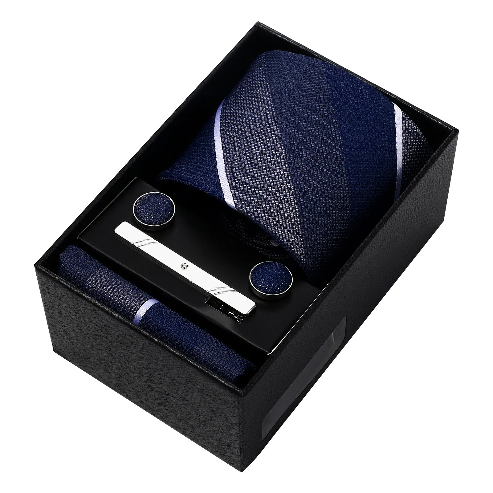 Men's 5-Piece Neckwear Set, Classic Solid Poly-Silk Tie with 9.06" Handkerchief, Cufflinks & Clip in Gift Box for Business & Wedding Favors, Neck Tie, 9.06" (23Cm) Handkerchief, 1.12" (2.83Cm) Cufflinks, 3-In-1 Box Set Neckties