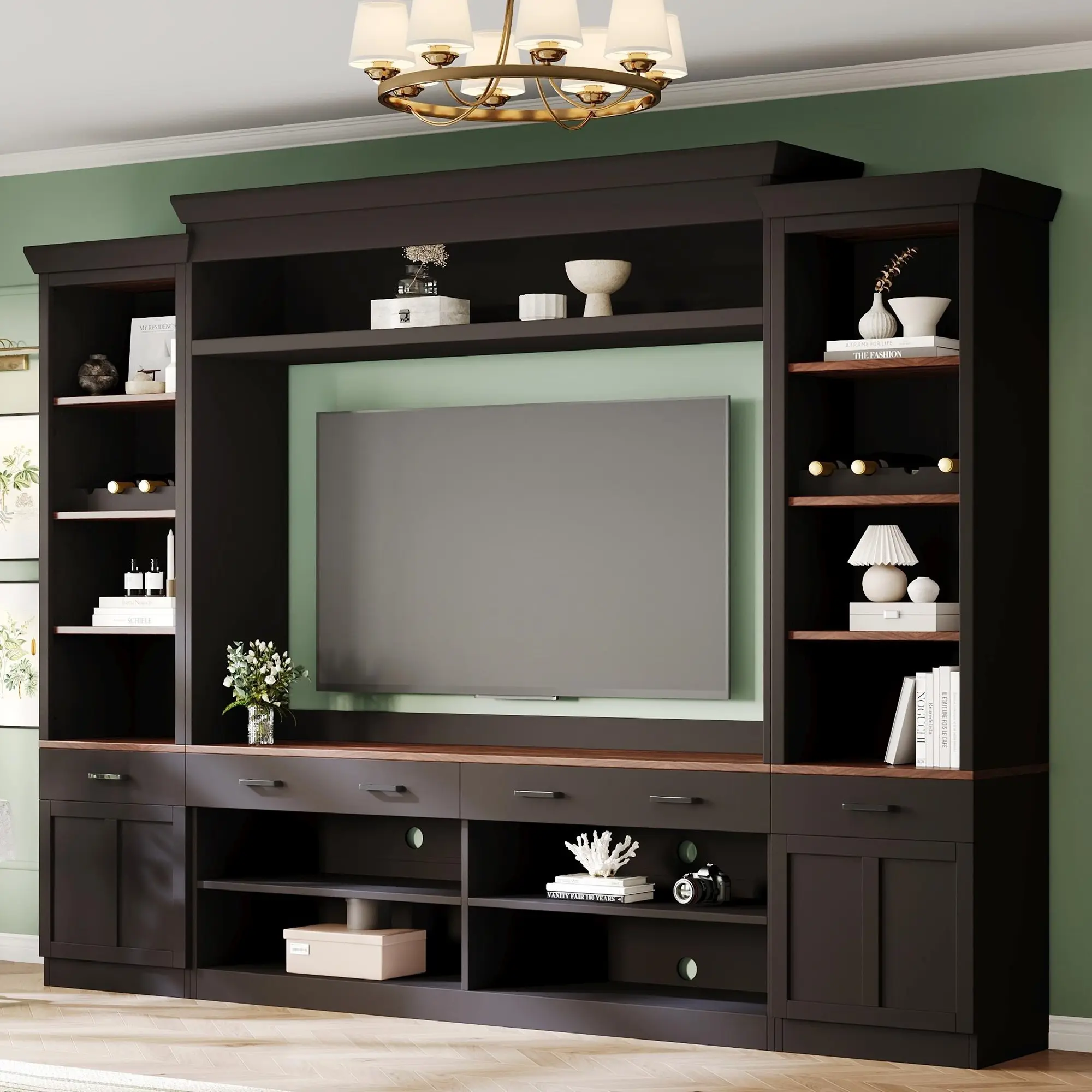 ARCH Rustic 4-Piece Walnut Wood Entertainment Center with Integrated Wine Rack, Metal Adjustable Shelves, Mid-Century Media Console, Bookshelf, Living Room Storage for 70" TVs, Black Sofa Side Table, Bedroom Use