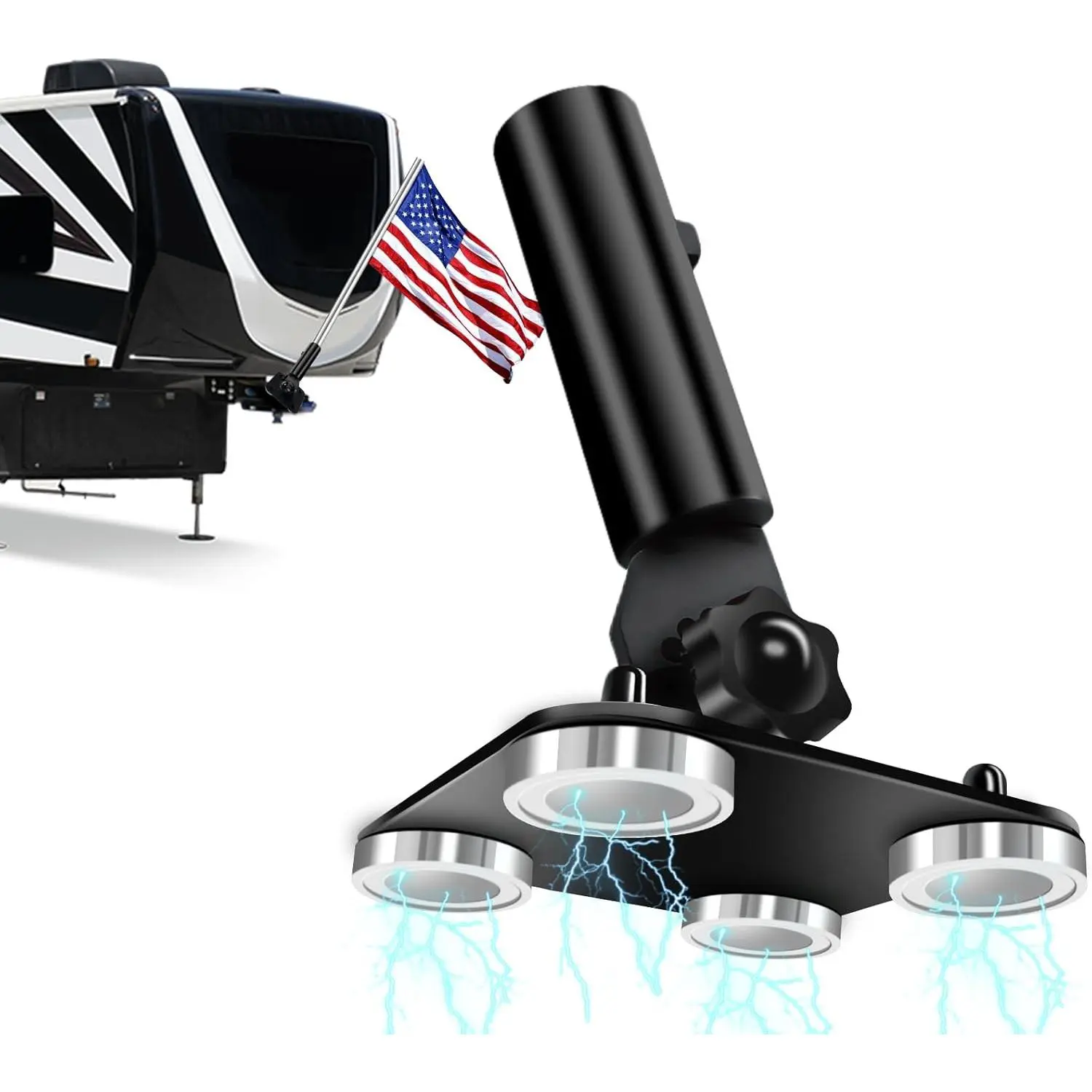 Metal RV Flagpole Holder with Pin-Lock System - 180° Adjustable, Wind-Resistant, No-Drill Mount for 5th Wheel Hitch, Truck Beds