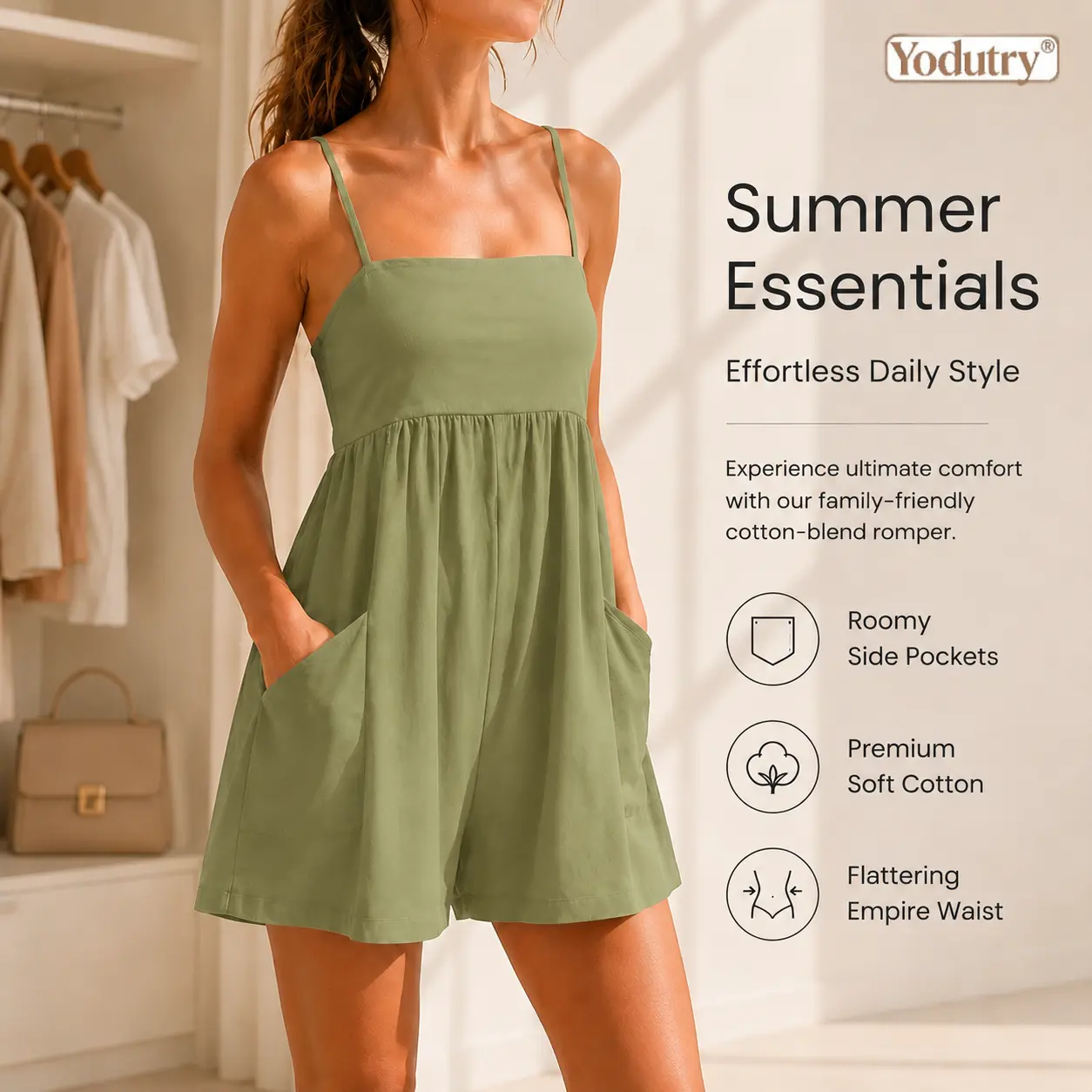 Yodutry | Women's Casual Summer Romper with Pockets | Loose Fit Spaghetti Strap Jumpsuit | Comfy Cotton Blend Empire Waist Playsuit for Travel, Vacation & Everyday Lounging