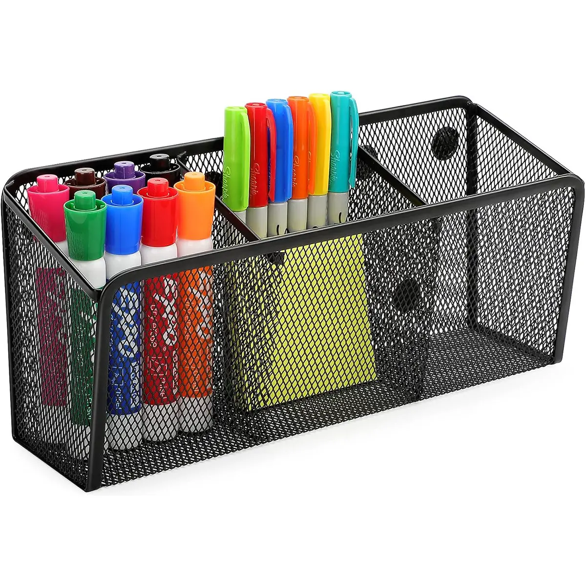 3 Cavities Magnetic Pencil Holder Mesh Organizer Caddy, Pencil & Marker Storage for Desk - Extra Strong Magnets Mesh Marker Holder Perfect for Whiteboard, Refrigerator and Locker Accessories