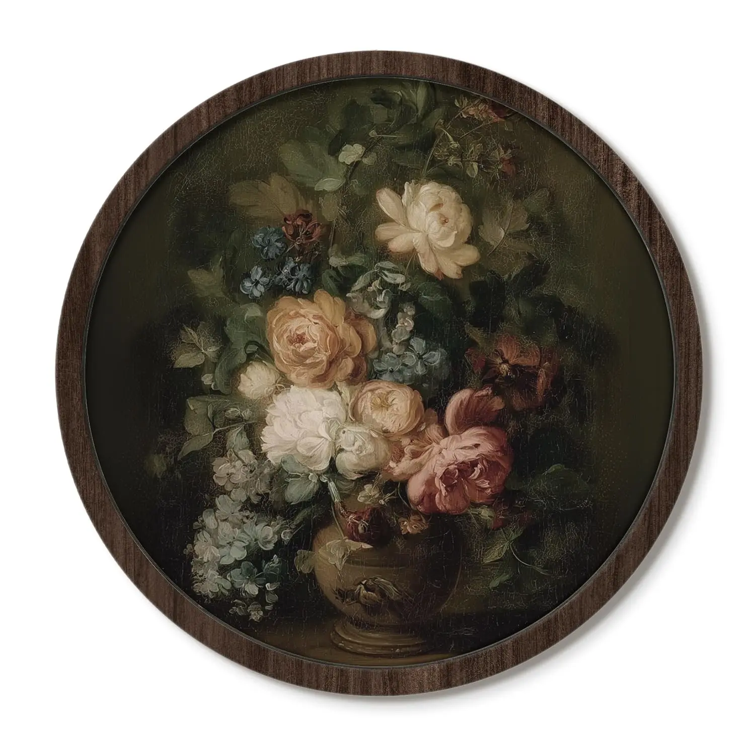 Round Dark Vintage Floral Oil Painting Print Wooden Wall Plaque Antique Baroque Rose Flower Vase Wood Frame Wall Sign Moody Dark Academia Botanical Wall Hanging Decor For Living Room Bedroom Home Gift