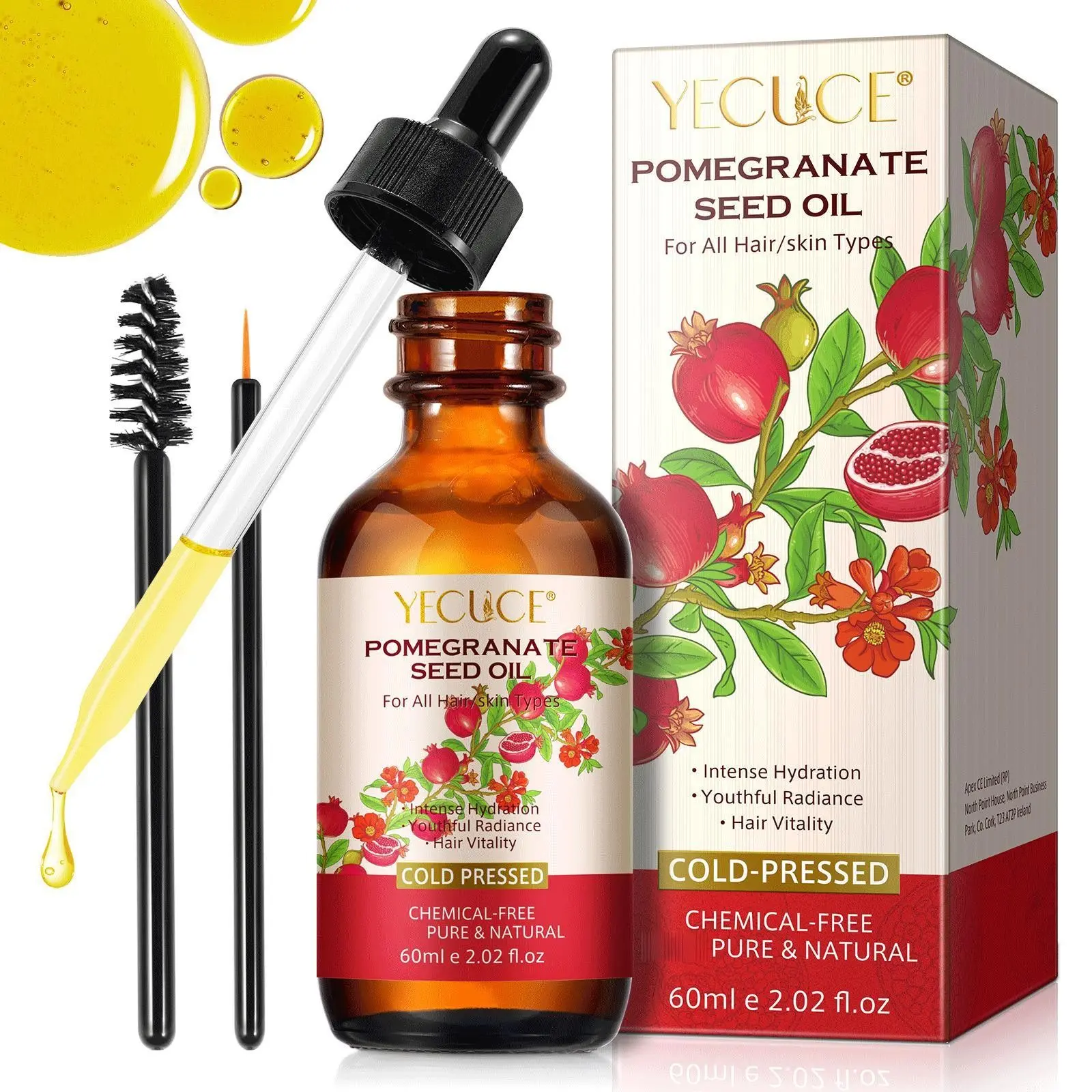 Yecuce Pomegranate Seed Skincare Oil 60ML, Moisturizing Body Oil, Pure Natural Cold-Pressed, Moisturizing, Elasticity Boost, Brightening, Suitable for All Skin Types