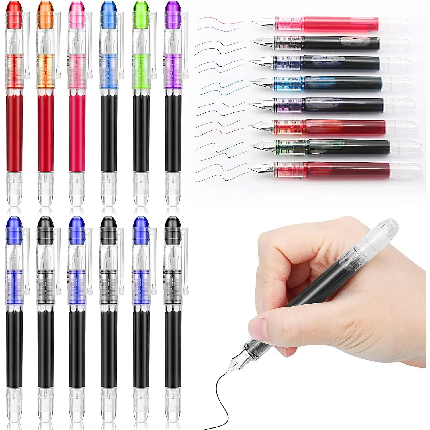 12 count Disposable Fountain Pens for Writing, Fine Point F Nib Calligraphy Pen Set, Quick-drying Smooth Ink for Journaling Sketching Doodling, Multicolor  Colors