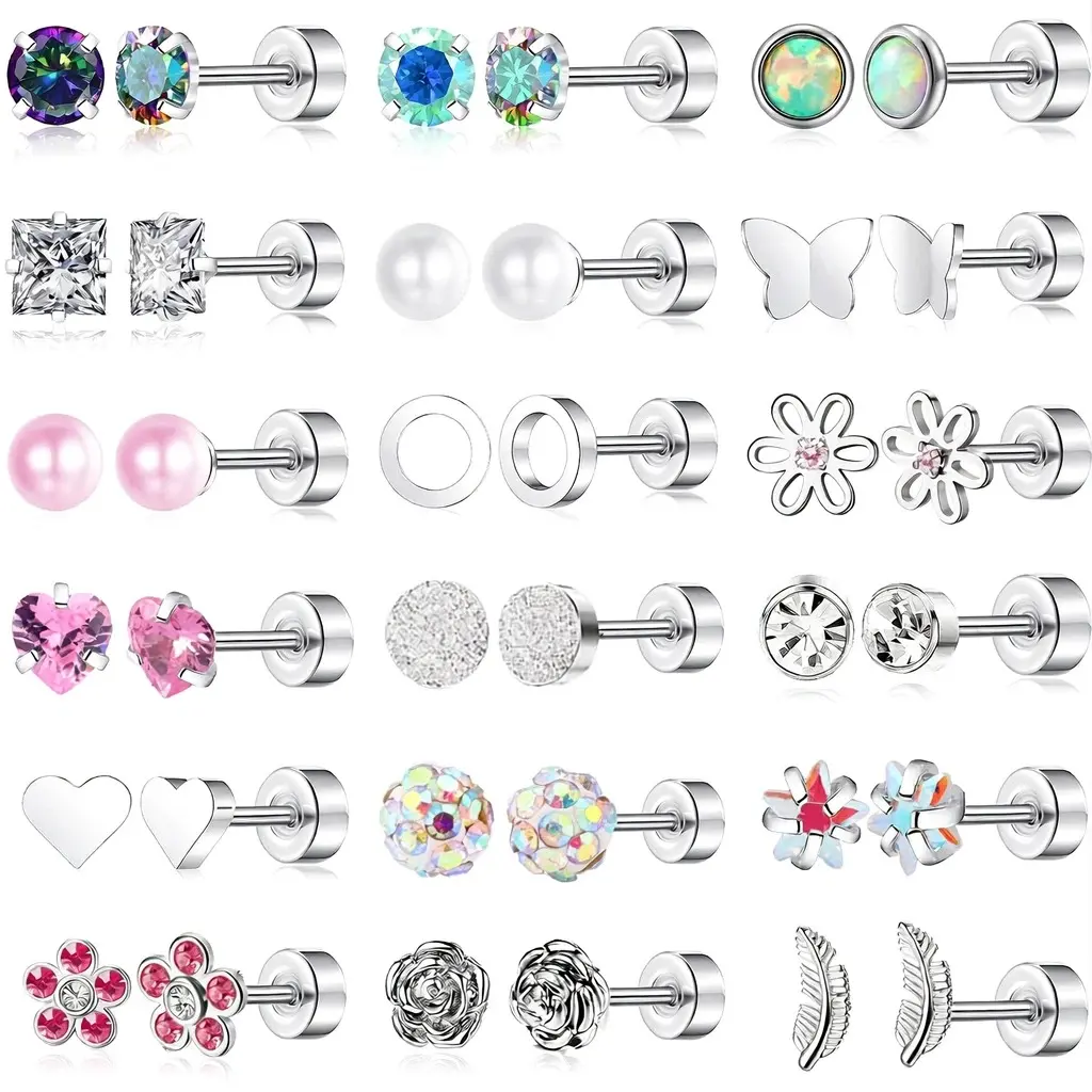 18-Pair Titanium Threadless Flat Back Earrings, 20G Hypoallergenic Stud Insert Jewelry Set for Women, Pain Free Removal with Star, Moon & Opal Designs, Pain Free Removal Earrings, Stud Insert Earrings