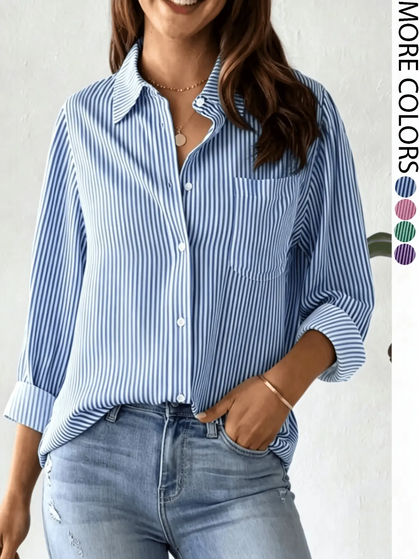 Women's striped printed button open front woven shirt blouse, fashionable and casual oversize baggy long sleeved single-sided pocket collared lapel top, a must-have for women's daily wear in spring and autumn
