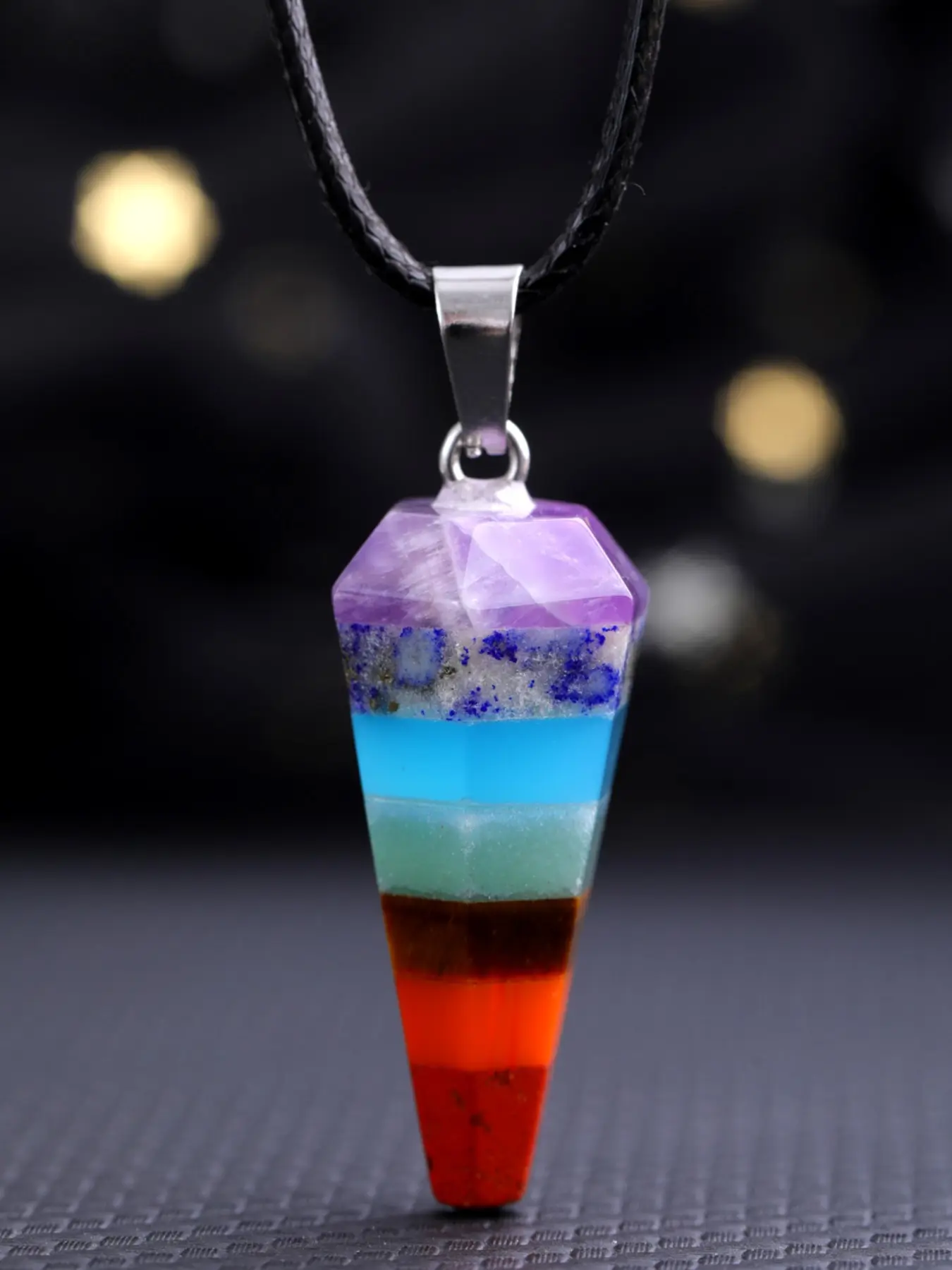 Only 1 piece for sale，7 Chakra Stone Necklace Pendant, Natural Crystal Hexagonal Cone Charm with Stainless Steel Chain, Women's Jewelry, Christmas Gift