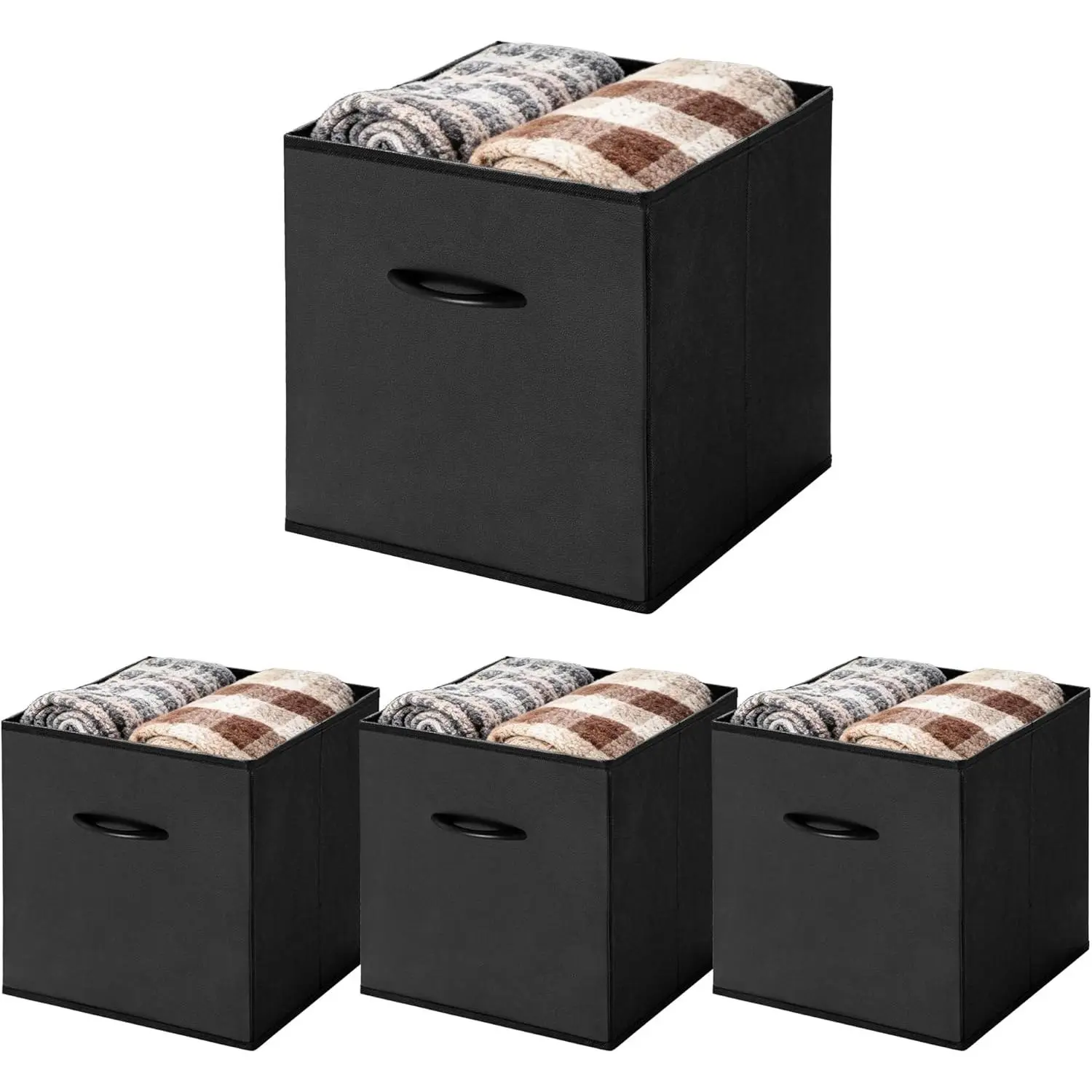 13-Inch Black Storage Cube Bins, Leather Front Cubby Organizer Baskets with Handles, Collapsible Storage Bins for Shelves and Closet, 4-Pack