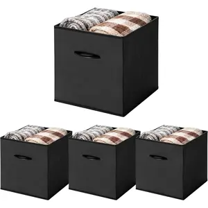 13-Inch Black Storage Cube Bins, Leather Front Cubby Organizer Baskets with Handles, Collapsible Storage Bins for Shelves and Closet, 4-Pack