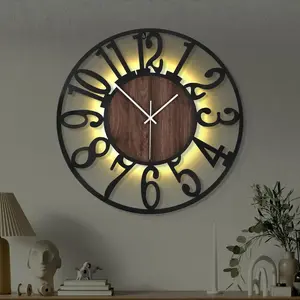 20'' Silent Wall Clock with Night Light, Glow in The Dark Decorative Wall Clock Battery Operated, Rustic Modern Metal & Wood Clocks for Bedroom Living Room Decor, Arabic Numerals