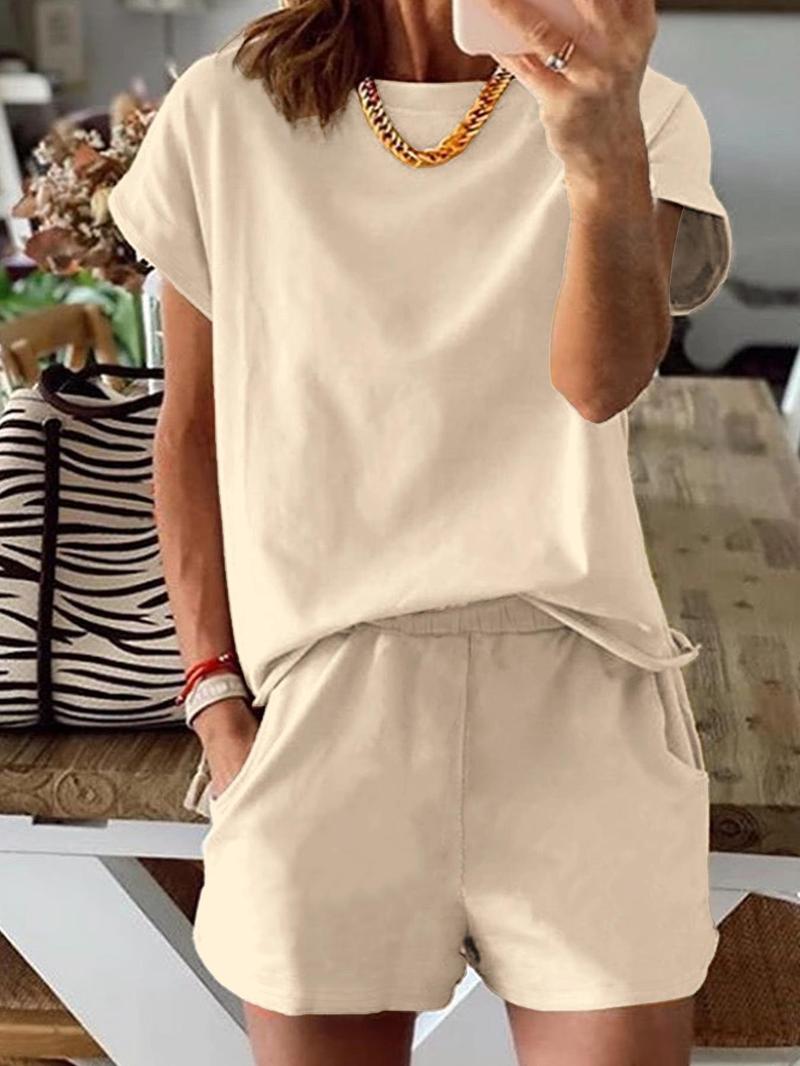 Women's Solid Co-ord Set, Casual Short Sleeve Tee & Elastic Waist Shorts Set, Women's Summer Clothes for Daily Wear, Cute Summer Outfit