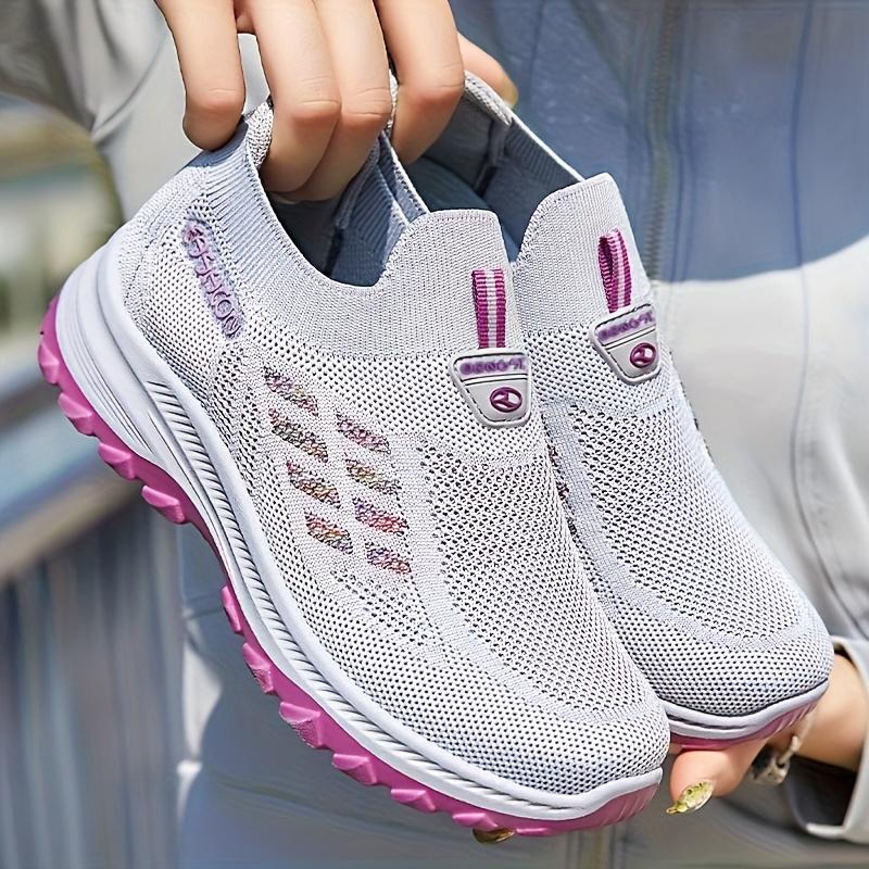 Women's Black Mesh Slip-On Sports Sneakers |   Neon Pink Accent Breathable Knit Upper Textured Non-Slip Sole Lightweight Daily/Outdoor Comfort Running Shoes