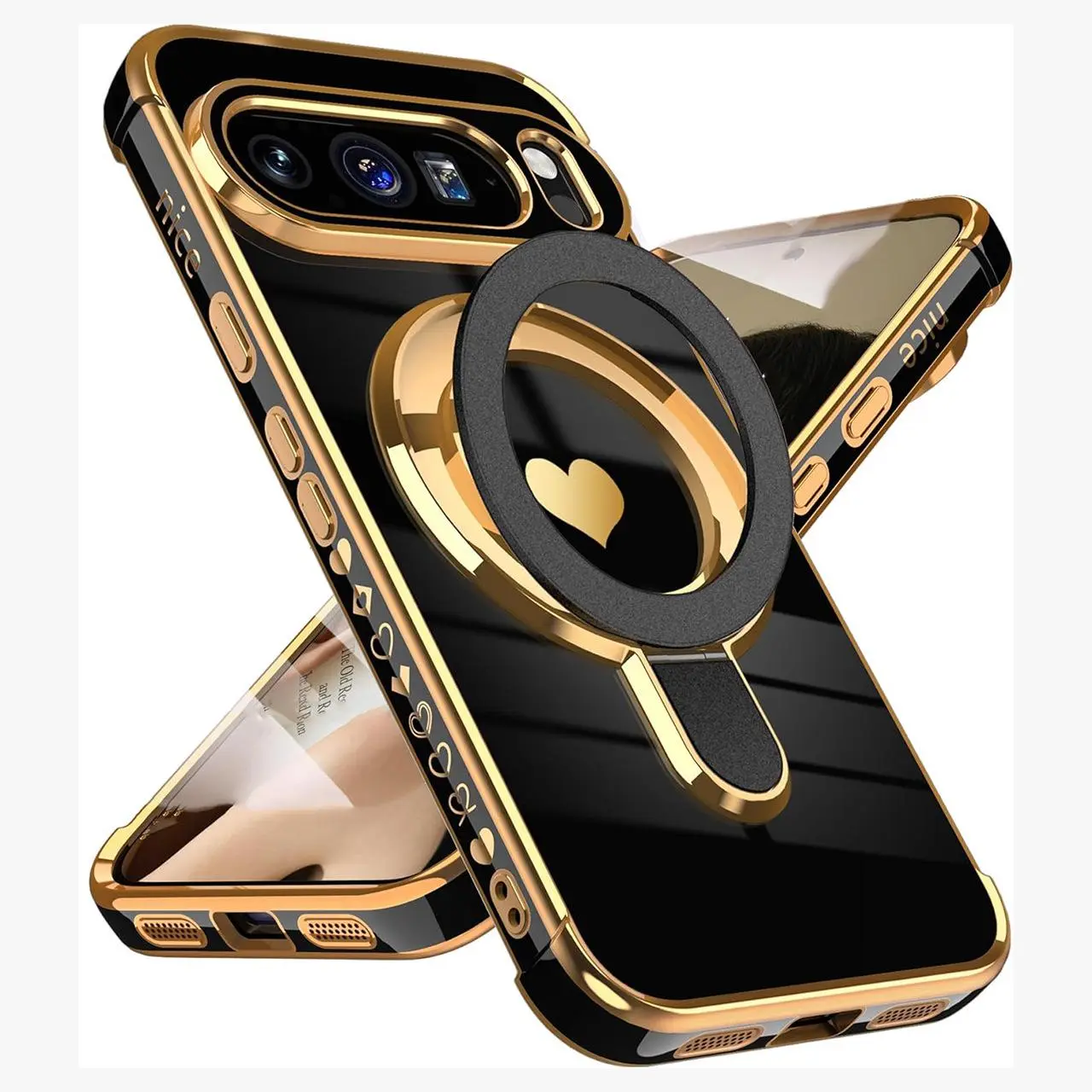 Compatible with Pixel 10 Pro XL/10 Pro/10/9 Pro/8A/7A  Galaxy A54 (5G)/Galaxy S25FE/S24FE/s21/ iPhone 17 Pro Max/16/15/14/13/12 | Magnetic Phone Case With Heart Ring Stand, Full Shockproof Cover HNZ0264