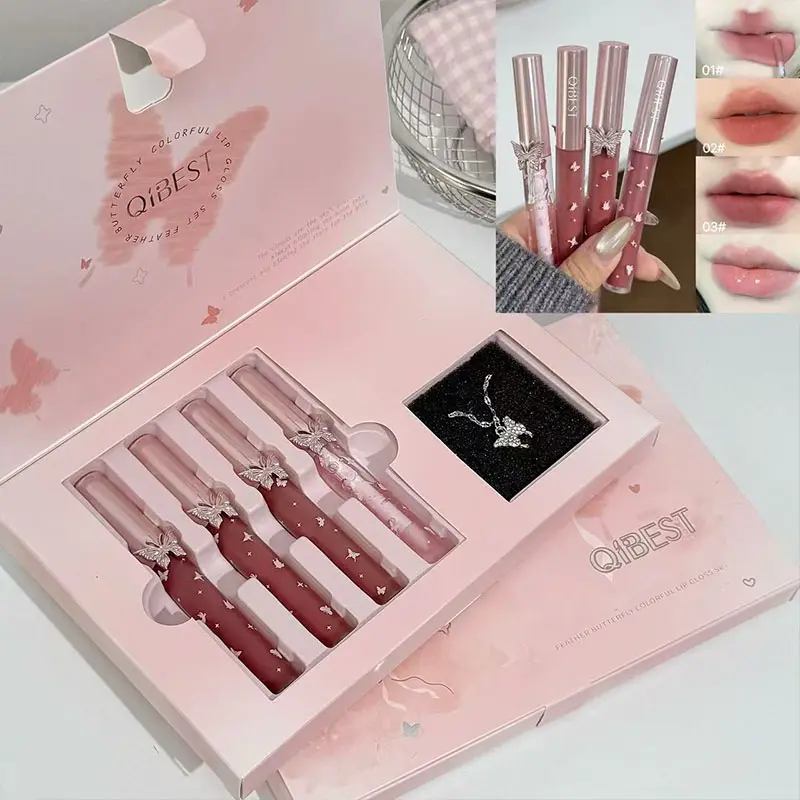 4 In 1 Butterfly Decor Lip Gloss Gift Set Matte Gloss Dual Finish Matching Butterfly Pendant Necklace Gift Box Packaging Rich Pigment Makeup