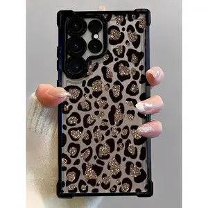 Black Leopard Print Glitter Four-Corner Anti-Drop Phone Case Compatible With IPhone 17,16, 15, 14, 13, 12, 11, PRO MAX,PLUS,Air,As Well As Galaxy S25/24/23/22 Ultra/FE/Edge/+,New Style Of Fashion Creative Designfor Samsung Galaxy S24