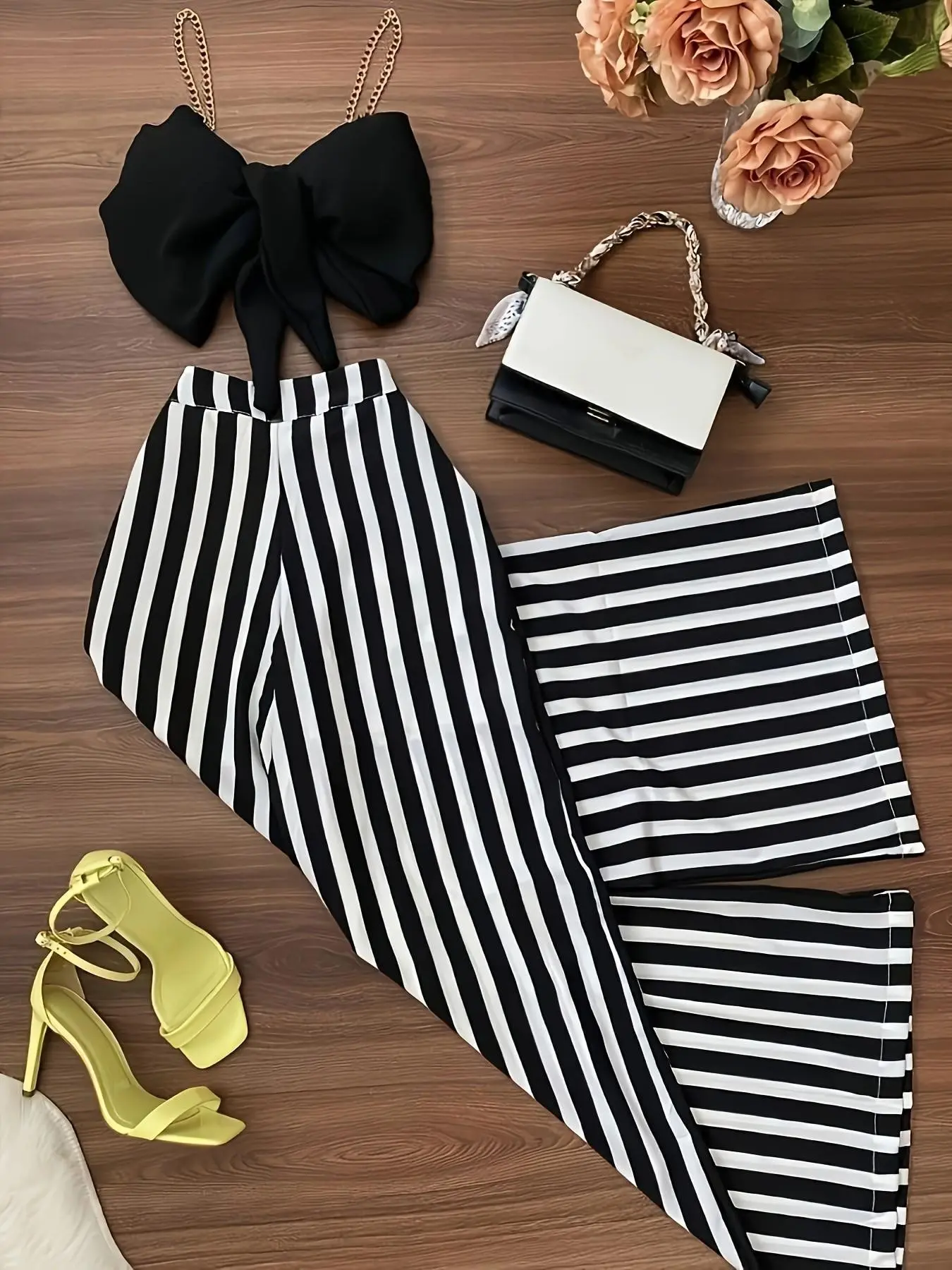 Bow Chain Halter Top + Striped Wide Leg Pants Set, Chic Summer, High Waist Slimming Two-Piece Set, Top Trousers Set