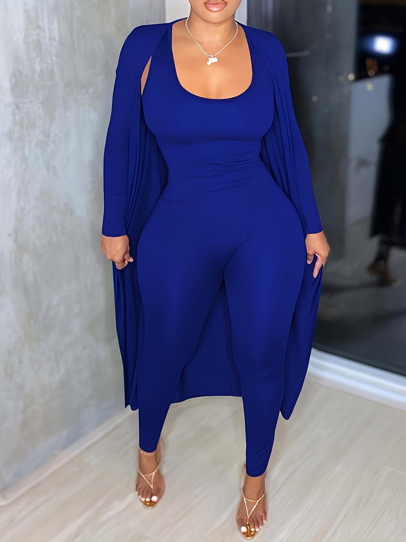 【Plus Size】 Two-piece Matching Set Solid Scoop Neck Jumpsuit & Long Sleeve Open Front Outwear, Casual Fashion Cozy Outfits for Daily Outdoor Wear, Women's Clothing for All Seasons, Two Piece Set Women, Co-ord Sets, Womenswear