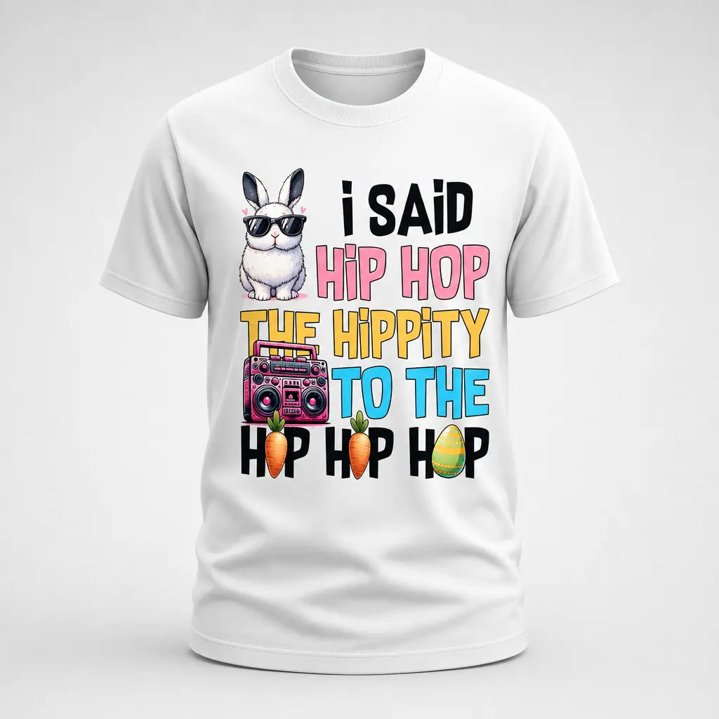 Cool Retro Boombox Bunny Graphic Tee | "I Said Hip Hop" Rhyme Print Design | Premium Quality Cotton Crewneck | Unisex Funny Easter Shirt for Kids & Adults | Trendy 80s Music Aesthetic. A perfect mix of hip hop culture and Easter fun.