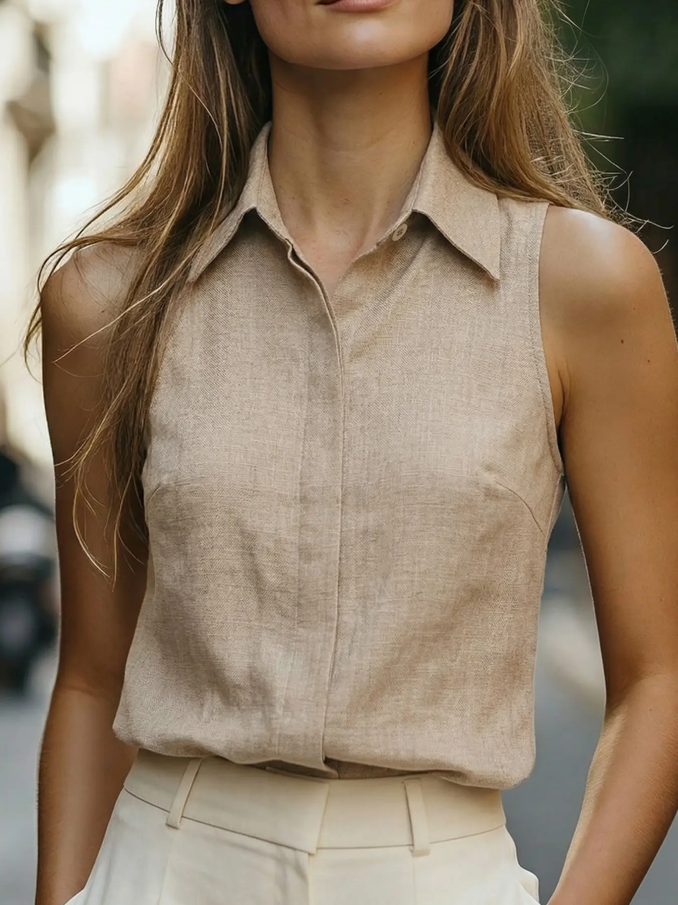 Linen Sleeveless Shirt Blouse, Pointed Collar Design, Hidden Button Detail, Elegant Office Workwear, Minimalist Fashion, Basic, Versatile Neutral Color Women's Top