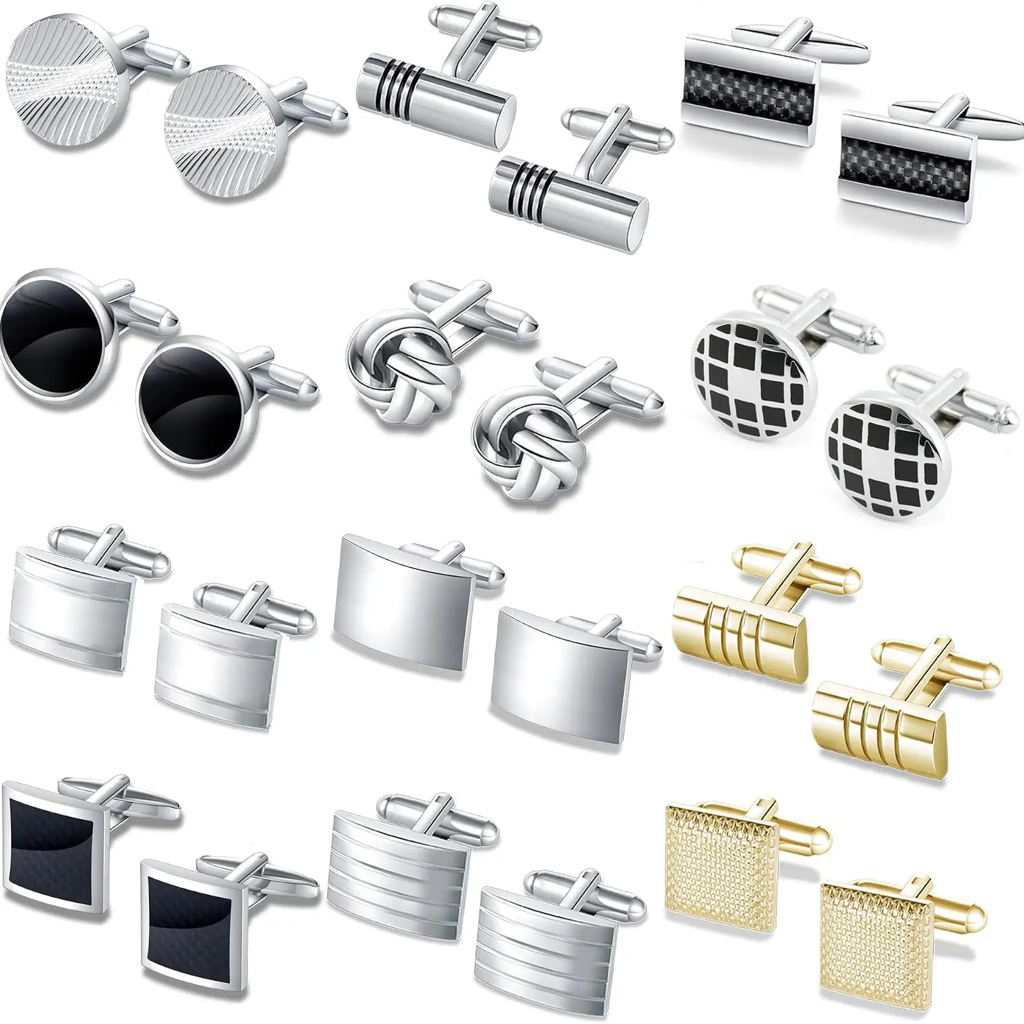 Men's 12-Pair Cufflinks Set in Classic Brass, Solid & Square Designs for Wedding, Business Dress Shirts - Easy to Wear & Secure Fit, Birthday Gift, Party, Fathers, Male, Formal Wear, 12 Pairs, Round & Sq., Non-Tarnishing Cuff Links, Gold Plated Cuff Links