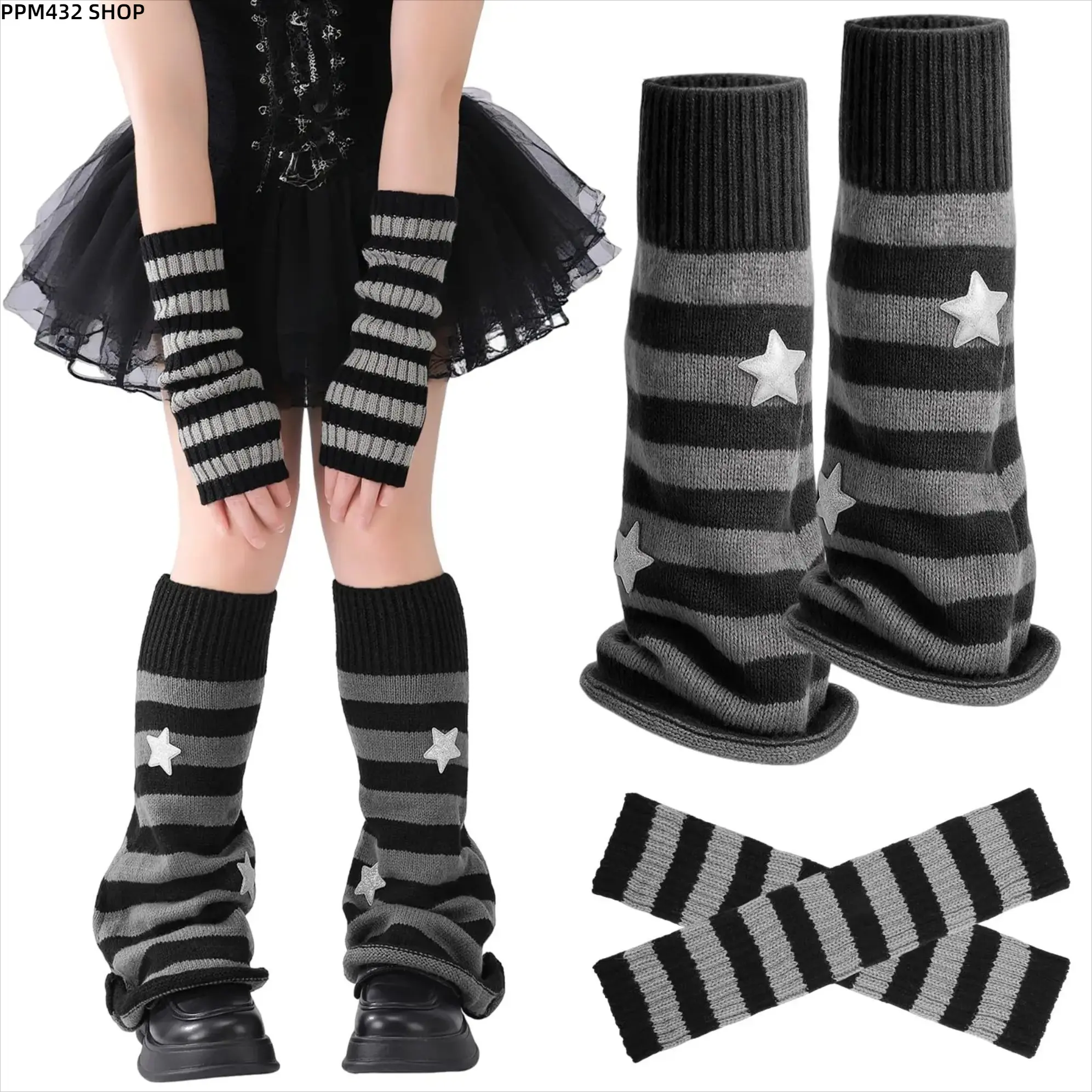 2PCS Y2K Arm Sleeves and Leg Warmers Set, Star Pattern Stretchy Accessories for Women, Retro Streetwear Fashion for Dance Outfits, Daily Wear and Trendy Looks