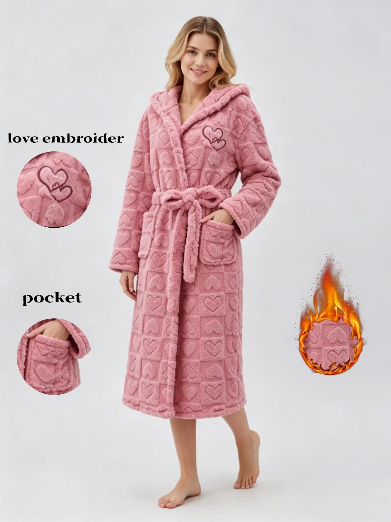 Women's Fall Winter Soft Sweet Style Coral Fleece Hooded Robe, Thick Warm Belted Waist Dual Pocket Long Bathrobe, Home Hotel Morning Robe