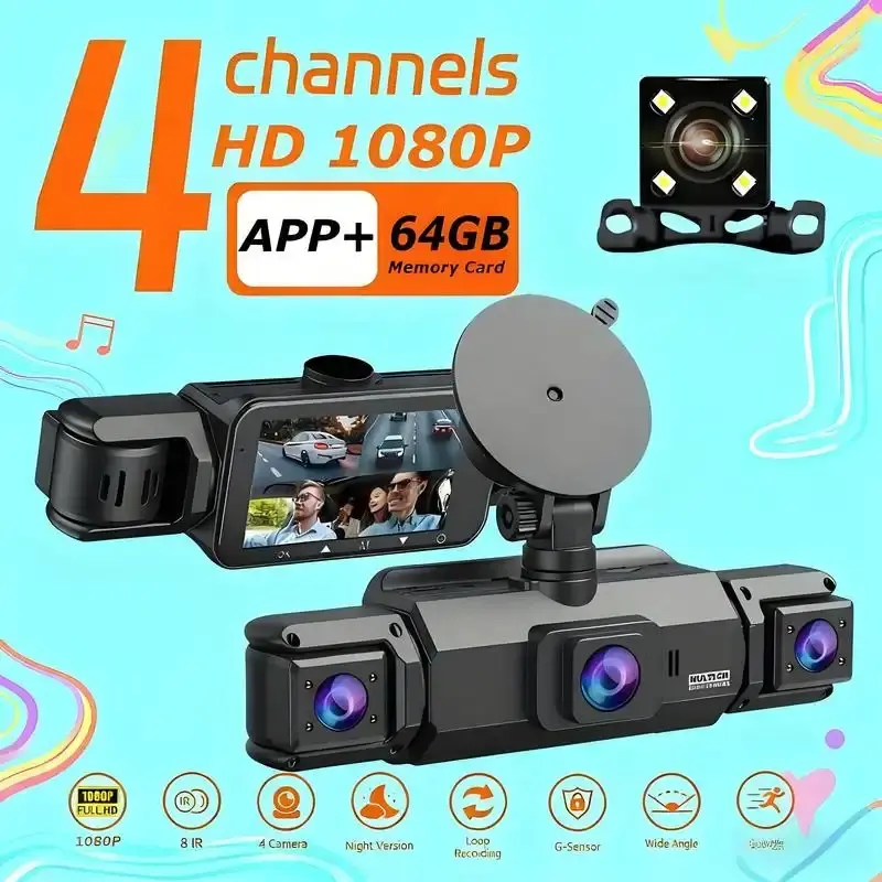 Four-channel dashcam for easier reversing, featuring panoramic view for all-weather parking monitoring. Simultaneous recording from four lenses: front/rear/interior/left/right. 4-inch display with WiFi and 64GB storage card. Clear night vision with HDR te