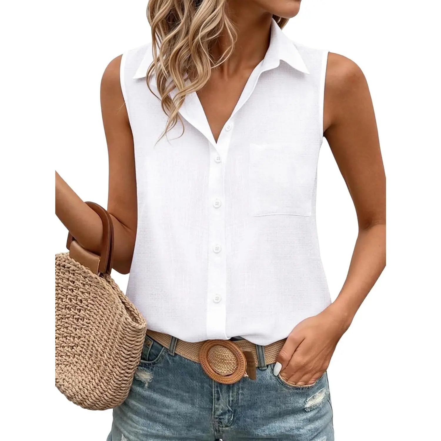 Womens Sleeveless Casual Button Down Shirts Cotton Blouses Button Up Collared Tank Tops Summer 2026(Gift)