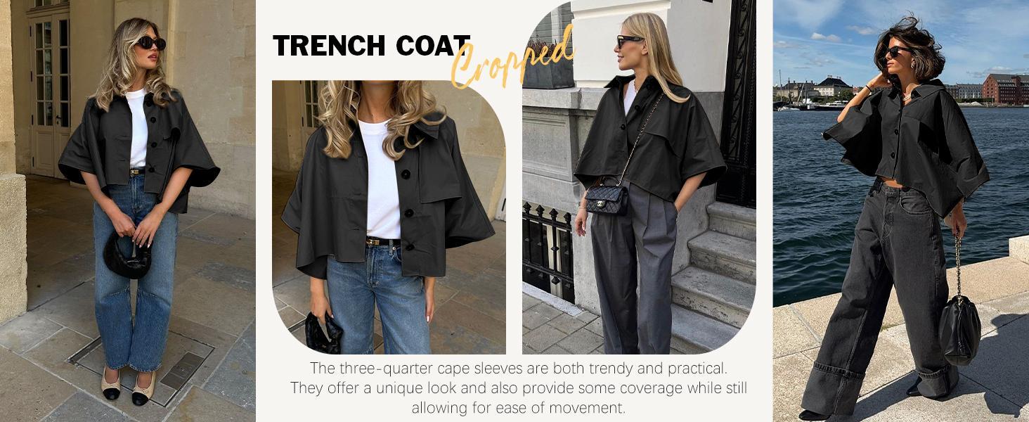 Women's Oversized Cropped Trench Coat, Single-Breasted 3/4 Cape Sleeve, Button-Up Casual Trendy Outerwear