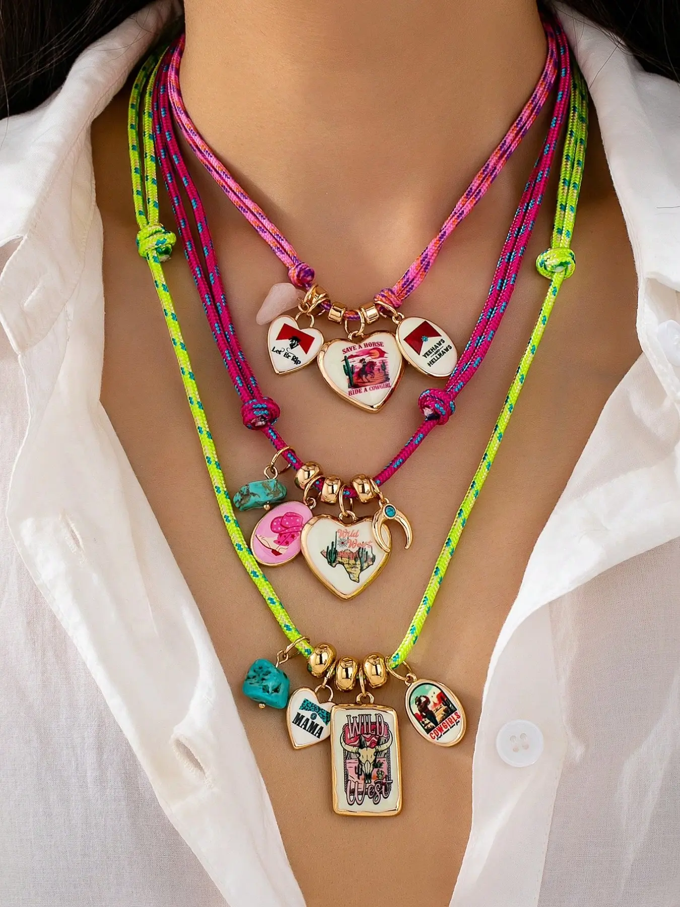 3Pcs Western Cowboy Charm Cord Necklace Set for Women - Boho Layered Colorful Braided Rope Necklaces with Turquoise & Enamel Heart Pendants, Wild West Statement Jewelry
