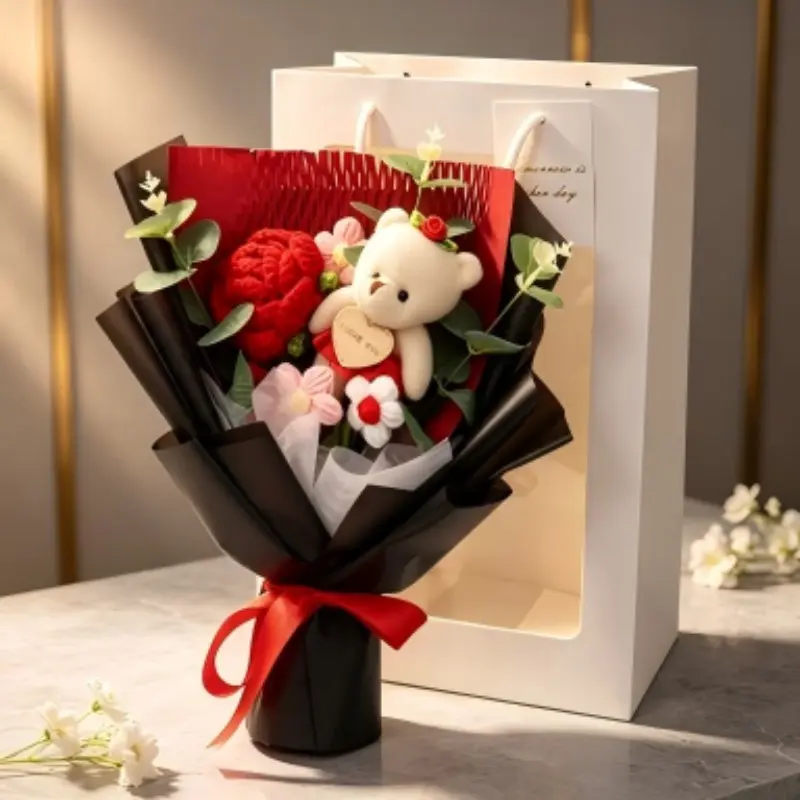 Handmade Crochet Bear Rose Bouquet, Packaging, Artificial Flowers, Valentine's Day Gift, Anniversary Present