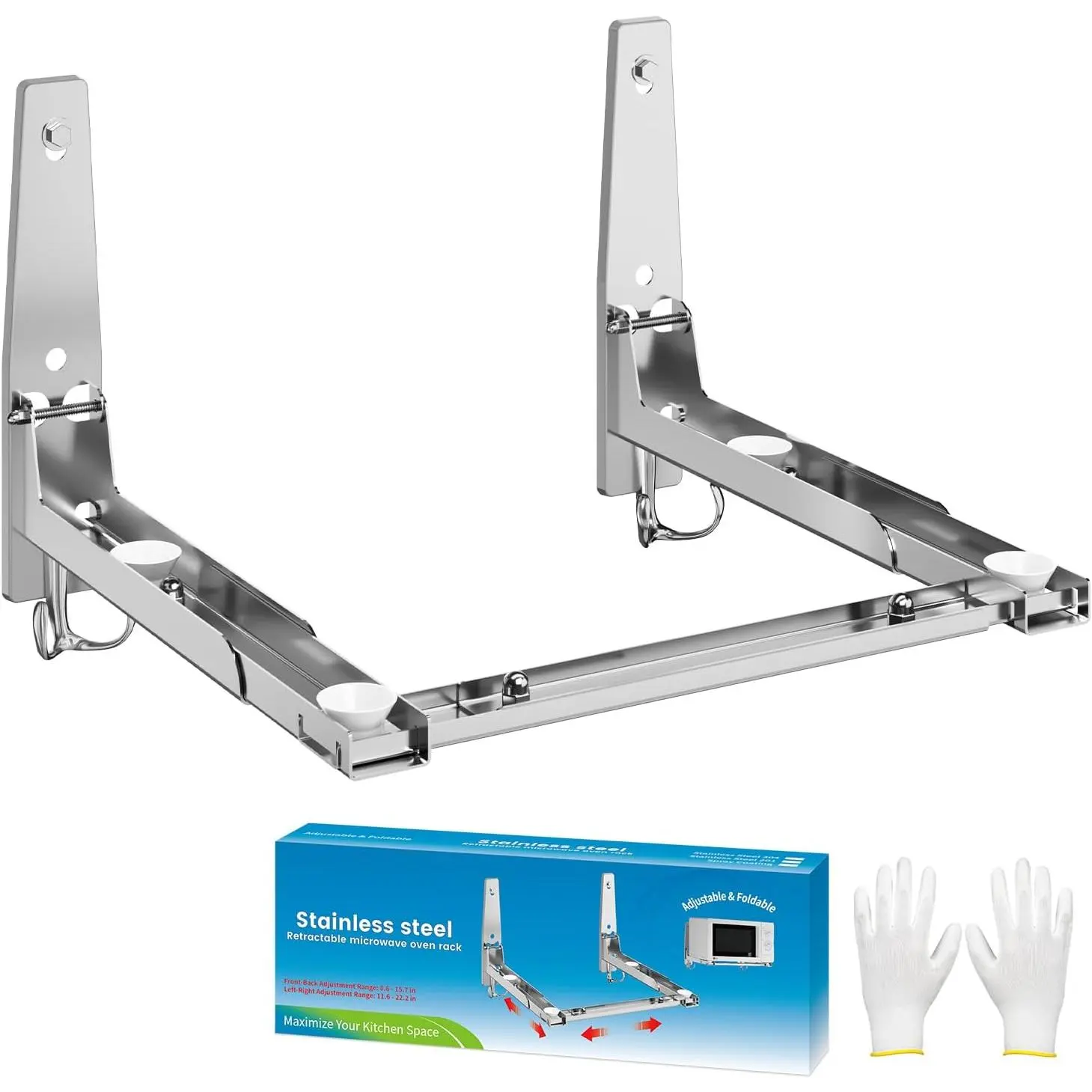 Stainless Steel Microwave Oven Wall Mount,  | Bracket with Removable Hooks, Arm Adjustable Foldable Kitchen Stretch Oven Stand Shelf Rack Load 100 lb