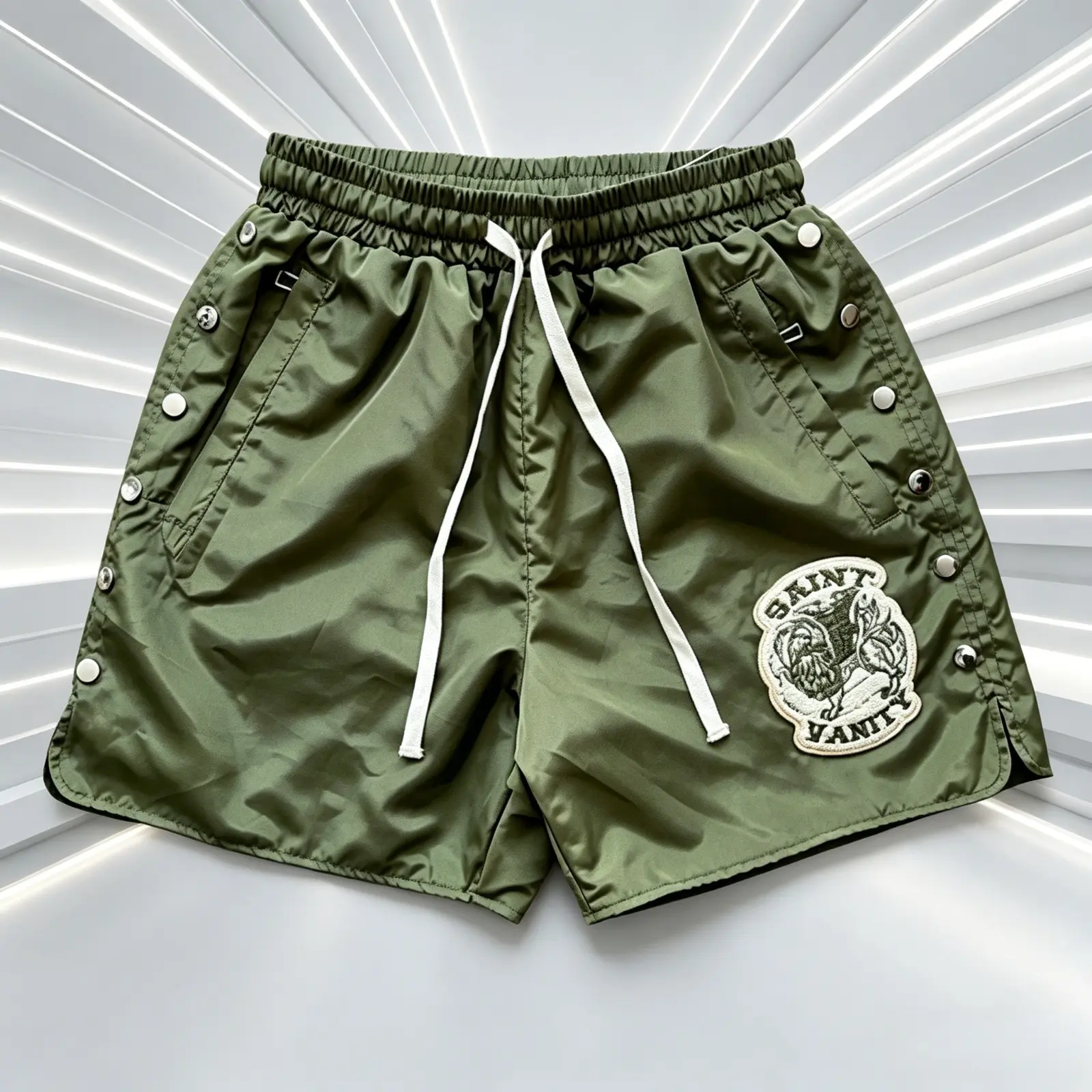 SAINT VANITY Green Embroidered Streetwear Shorts for Men Women Y2K Snap Button Side Rivet Cargo Shorts Nylon Elastic Waist Drawstring Loose Fit Gym Running Summer Casual Athletic Hip Hop Skate Harajuku Festival Vacation Unisex Sportswear