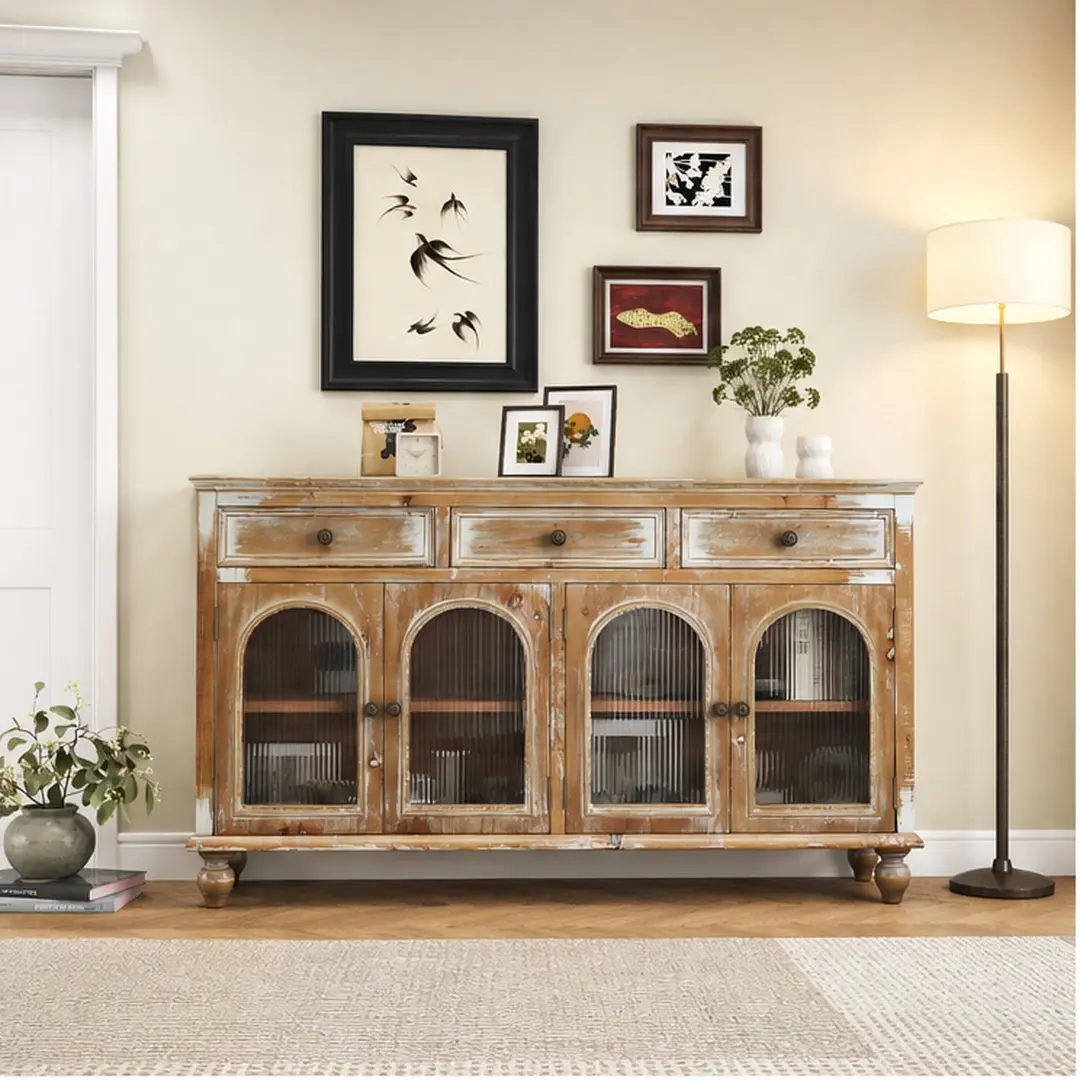 ARCH 59.06" Distressed Wood Sideboard Buffet Cabinet - 3 Drawers, 4 Arched Glass Doors, Adjustable Shelves, Metal Accents, Dustproof Chic Credenza with Farmhouse Vibes for Dining Room, Kitchen - Antique Brown+White, 15.75 W