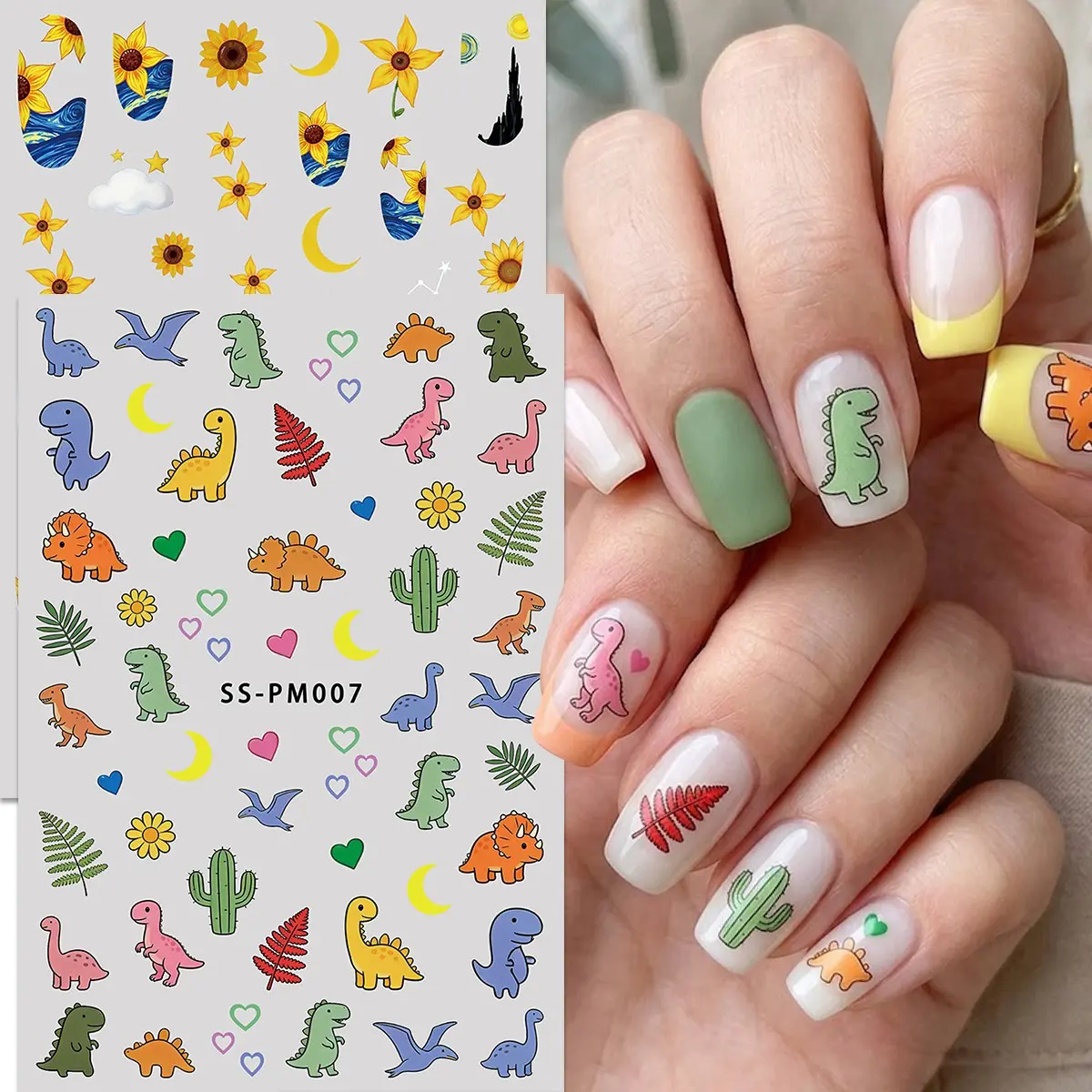 2 Piece Artistic Sunflower Cartoon Dinosaur Nail Stickers, Van Gogh Style Blue Nail Decor, DIY Nail Art Kit for Events