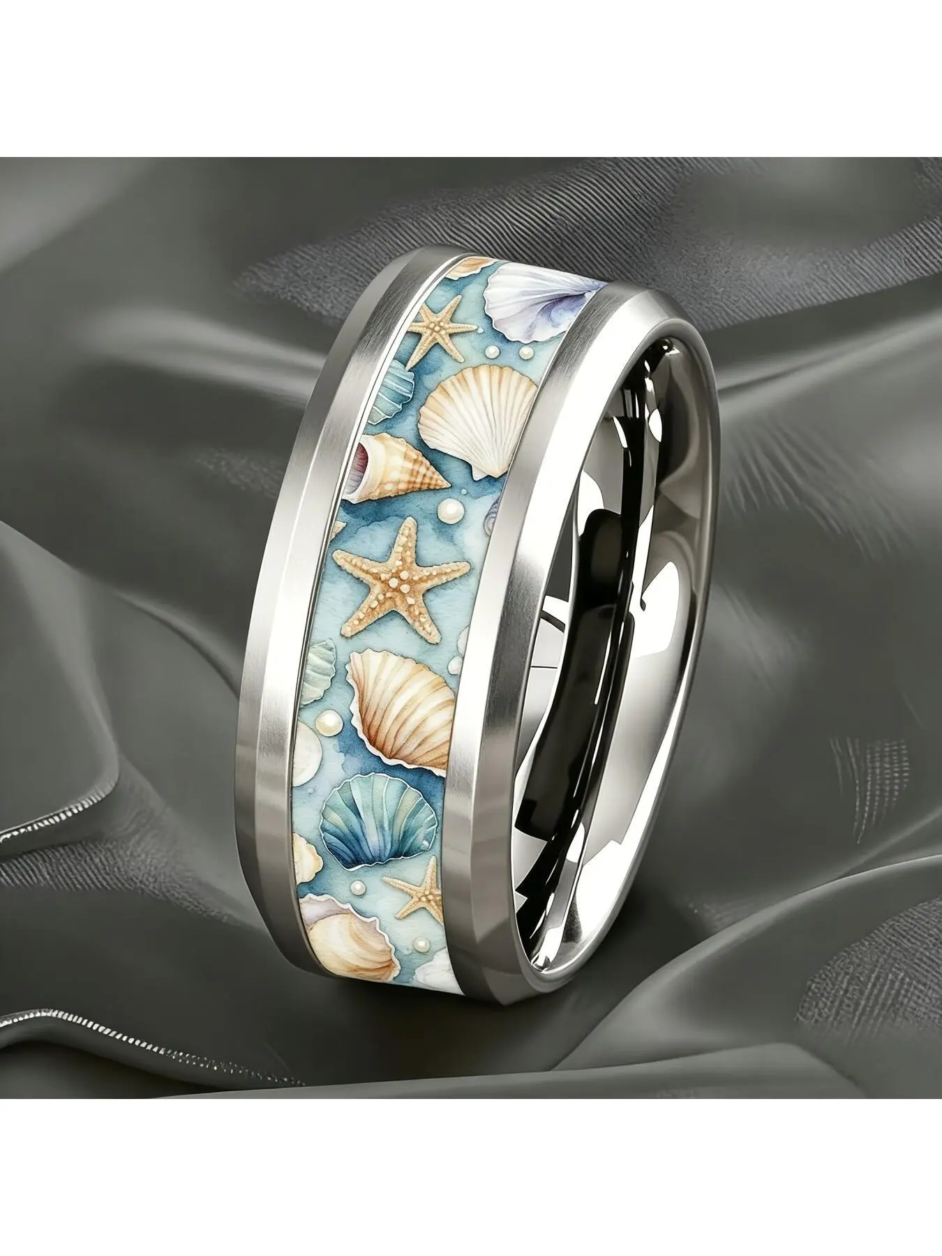 1 pair of stainless steel rings featuring marine-themed shells and starfish, with a fresh watercolor design of shells and starfish. Suitable for beach vacations, daily commutes, and versatile wear.