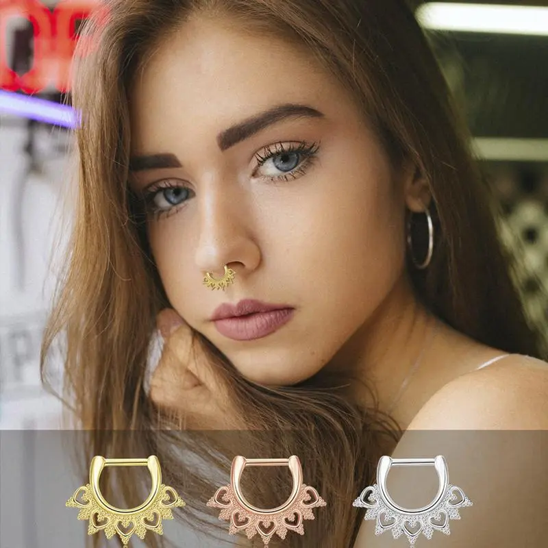 3Pcs/Set D-shape Hinged Septum Nose Ring Surgical Steel Clicker Daith Piercing Segment Ear Cartilage Helix Nose Hoop