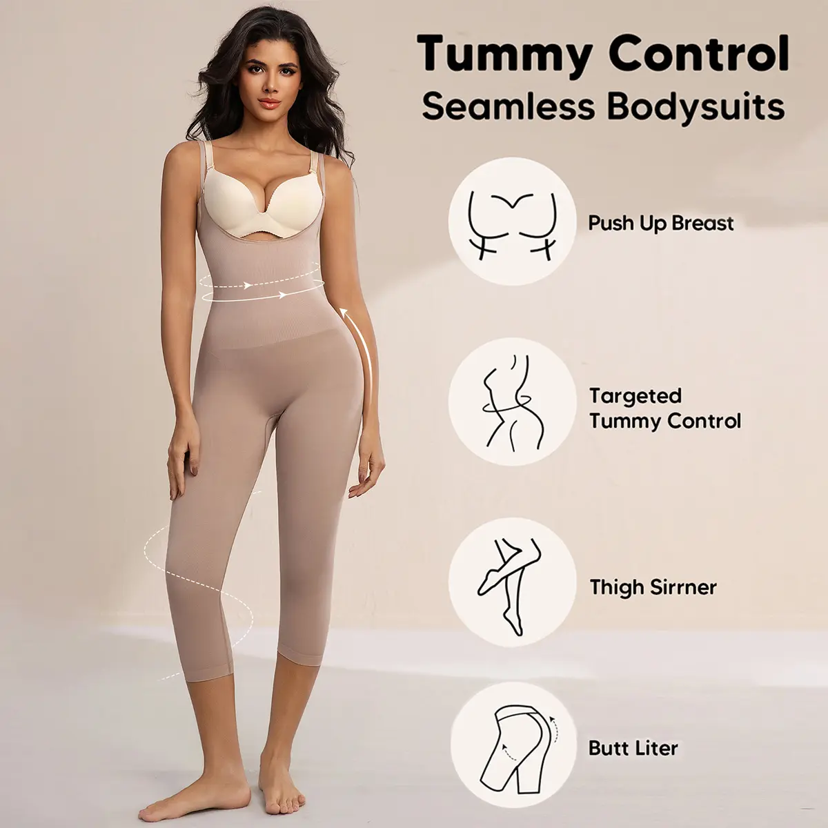 SUPRENX Seamless Open Bust Tummy Control Shapewear Bodysuit, 3-in-1 Butt Lift Jumpsuit with Adjustable Straps, Capri Length Body Shaper, Thigh Slimmer Smooth Under Outfits Postpartum Compression Curvy Womenswear Full Body Sculpting Shapewear