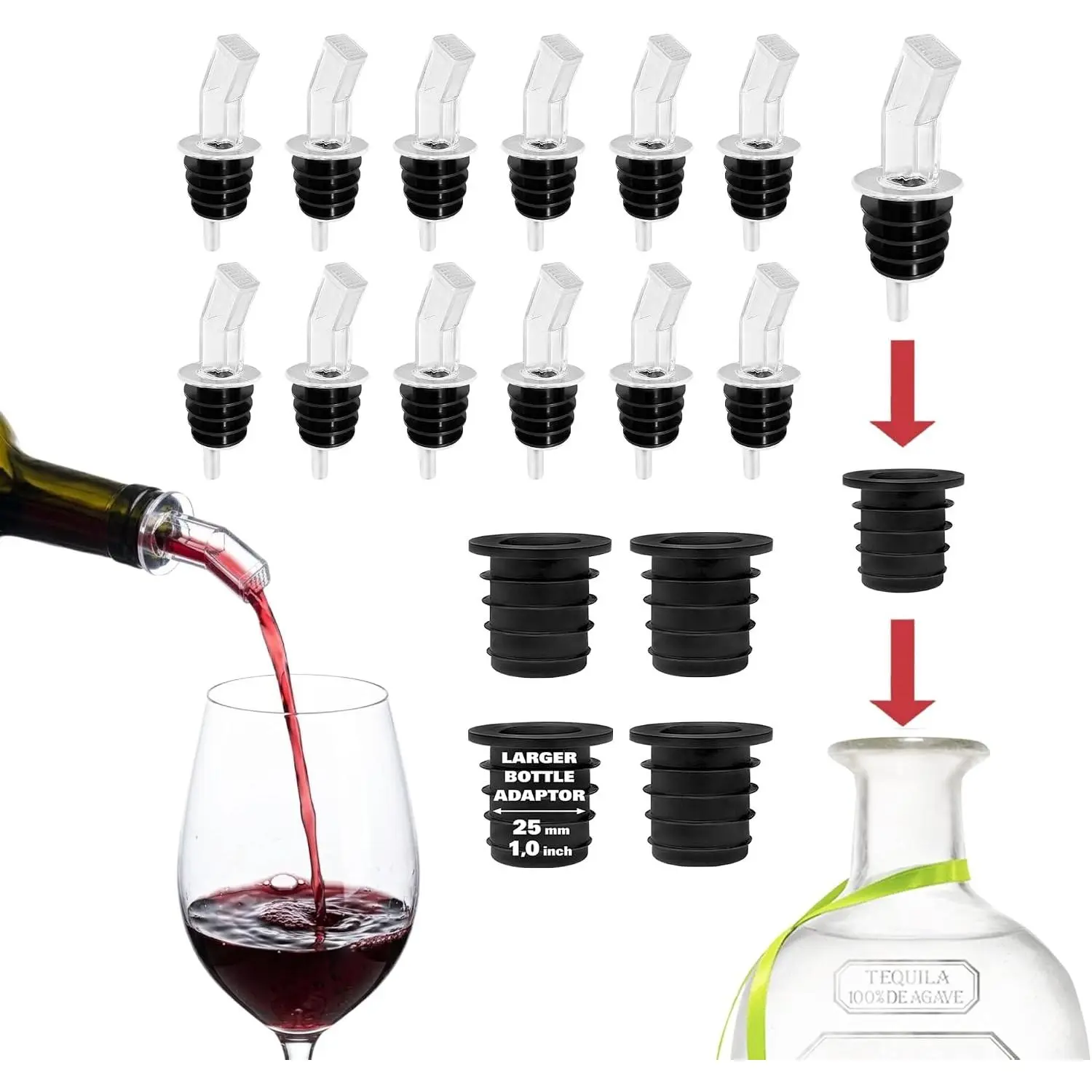 Pourer with Screen -   Dispenser Pour Spouts with -in Filter for Smooth Pouring - Pour Spouts Ideal for Bartenders,  Bars, and Parties (12 Pack & 4 Cork)