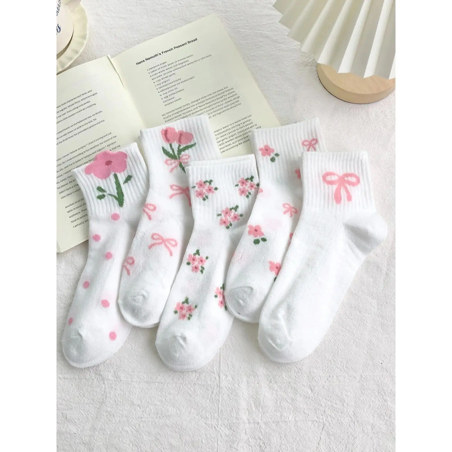 Women's 5-Pair Breathable Soft Fabric Mid-Calf Socks - Elegant Pink Floral Motifs, Cute Japanese-Style Polka Dot Bow, Versatile for Daily Wear & Office Attire (Above Knee Option Available)