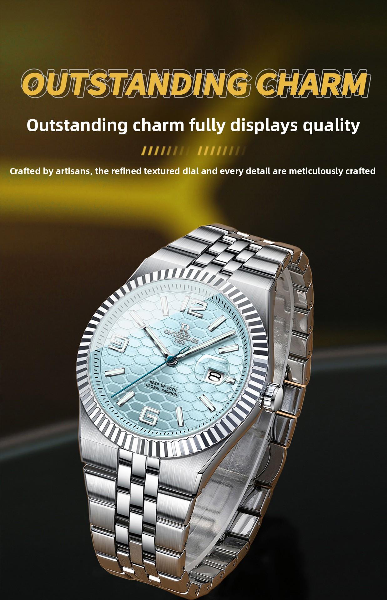 Men's Luxury Silver Stainless Steel Quartz Watch - Ice Blue Textured Dial with Fluted Bezel, Date Display, Luminous Hands, Elegant Business Dress Wristwatch, Perfect Gift for Him