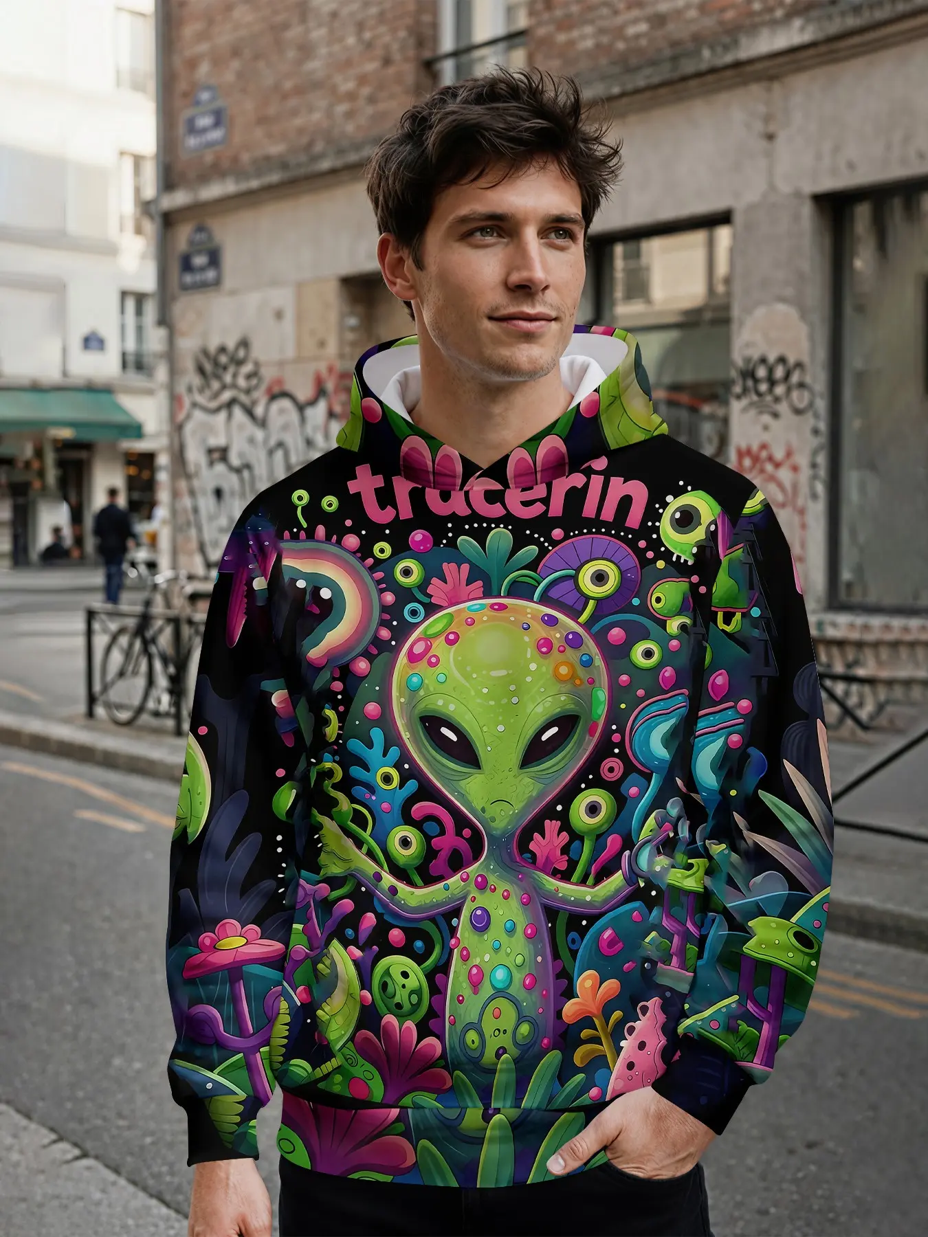 Men's 3D Digital Print Hoodie with Vibrant Cartoon Graffiti Prints of Psychedelic Alien Plants on Black Background, All-over Printed Design. It stands out remarkably for daily street looks and music festival outfits, making it an ideal holiday gift for me