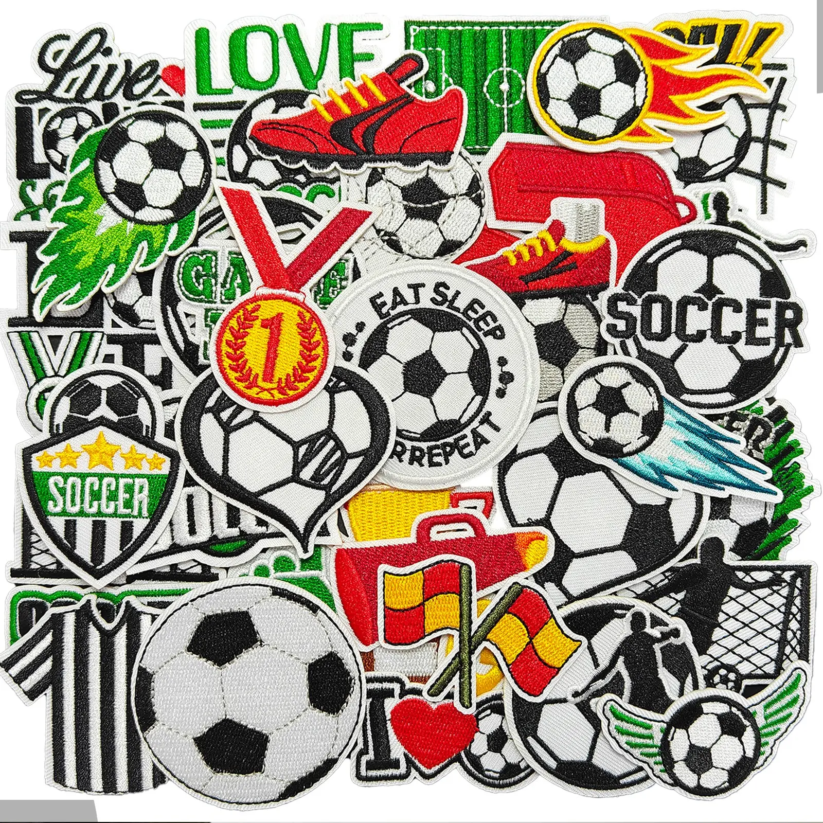 36pcs Football Theme Iron Embroidery Patches, Suitable for Jackets, Backpacks, Clothing, DIY Accessories, Needle Punching, Unlined