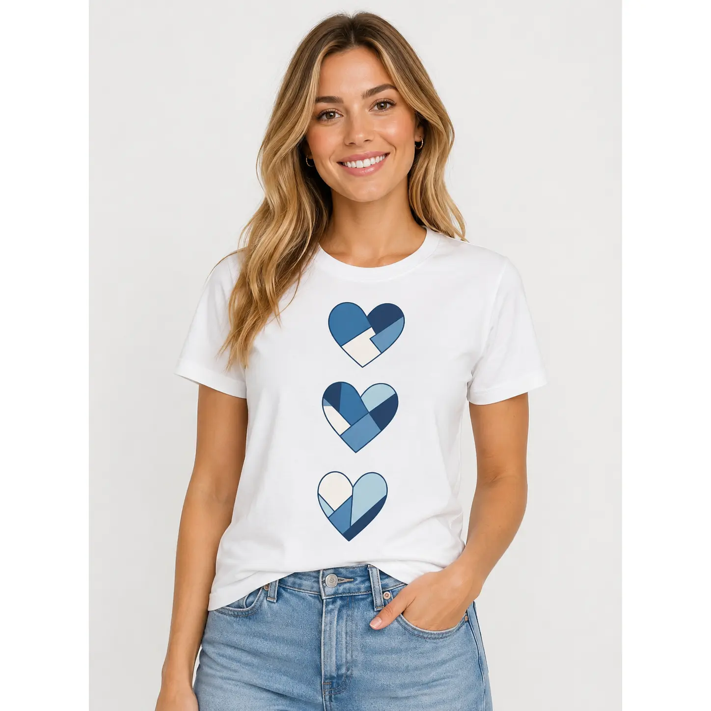 Women’s Denim Bold Graphic Tee - Heart Print Retro Look Short Sleeve Crew Neck Casual Summer Streetwear Top, Unisex Fit Cute Gift for Her, S-3XL