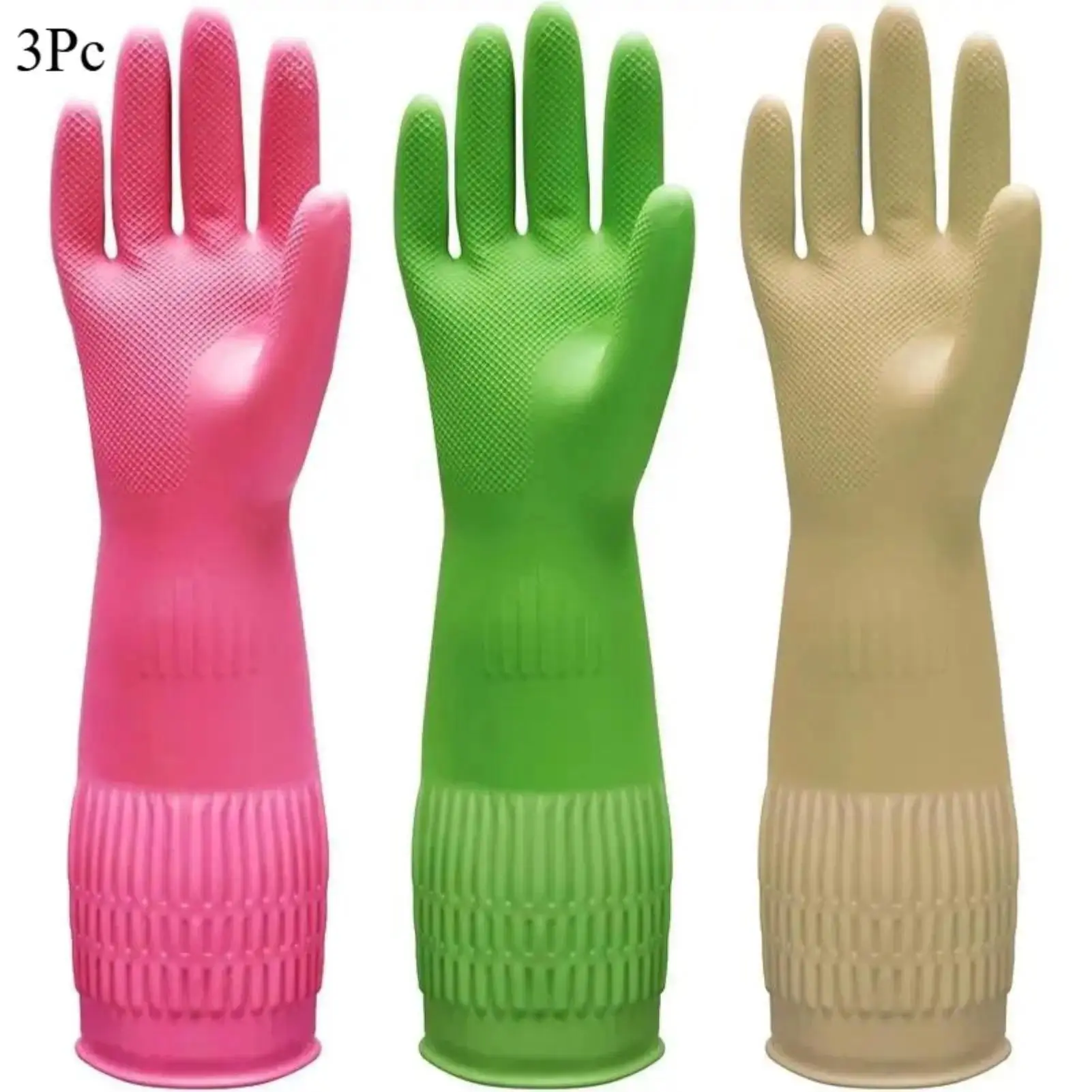 XL Non-Slip Rubber Dishwashing Gloves - 3 Pairs, 15in Long Cuff, Durable Flexible Reusable Protection Gloves for Kitchen, Laundry, Household Cleaning