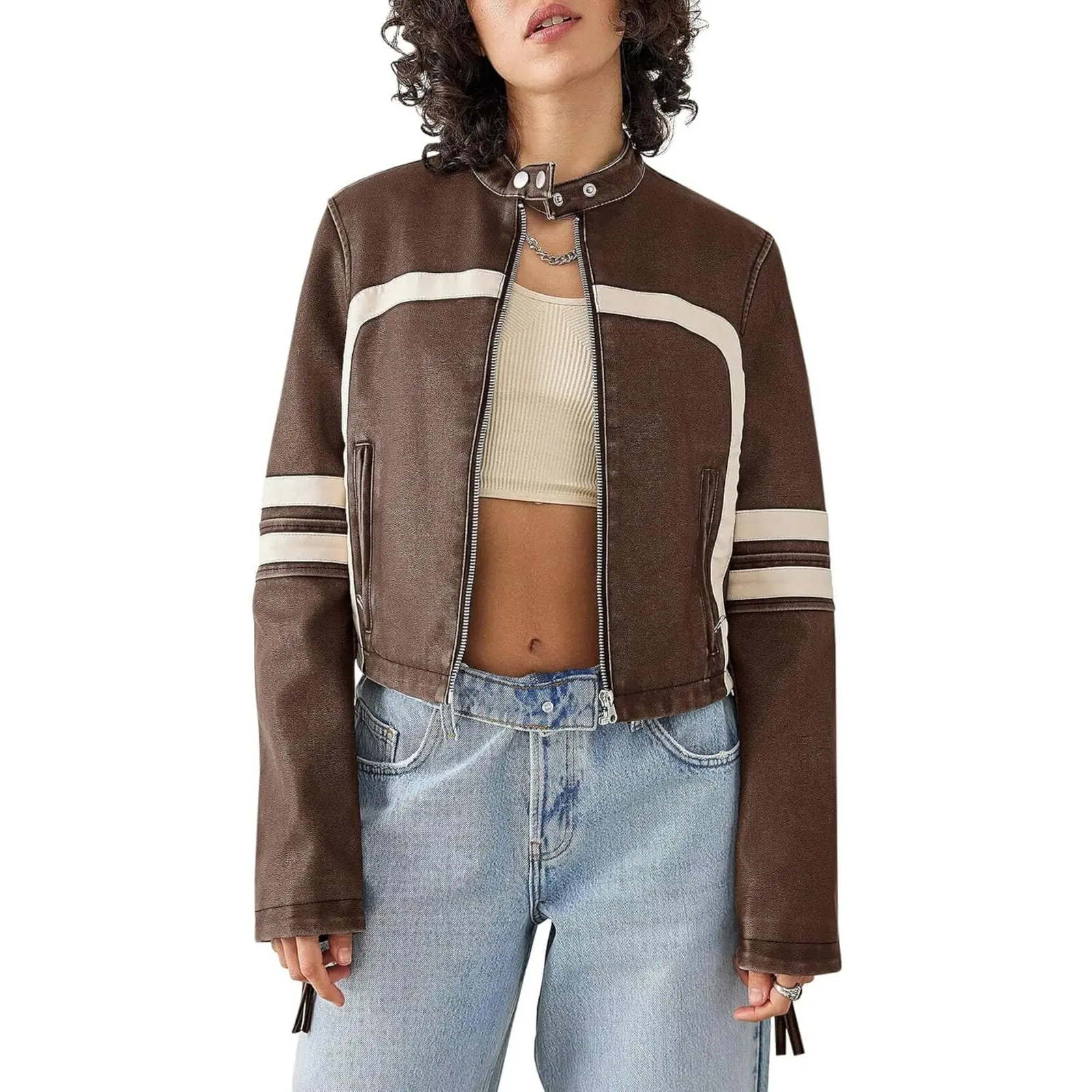 TANKANEO Women's Faux Leather Cropped Moto Look Outerwear - Long Sleeve Zip-Up Collared Jacket with 2 Side Pockets, Casual Top