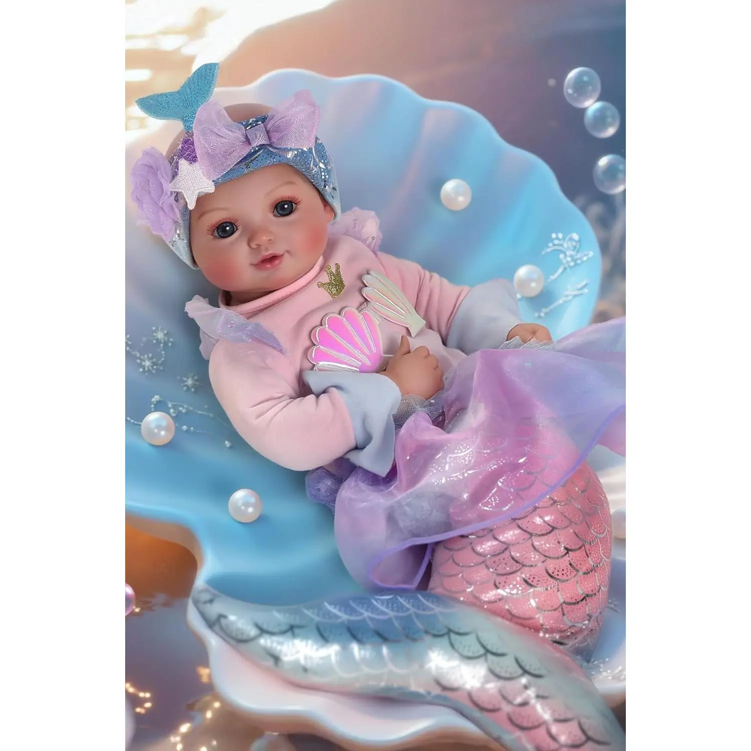 Mermaid Baby Doll Girl, 15-Inch Realistic Soft Baby Dolls with Shiny Mermaid Tail & Accessories, Cute Mermaid Toys for Girls Ages 3+ Kids, Christmas, Birthday