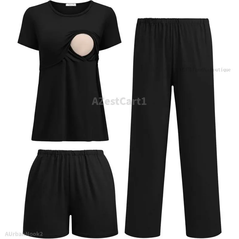 Women's 3-Piece Postpartum Nursing Pajamas Set - Short-Sleeve Breastfeeding Shirts, Pregnancy Shorts & Pants, Maternity Clothes Pregnancy